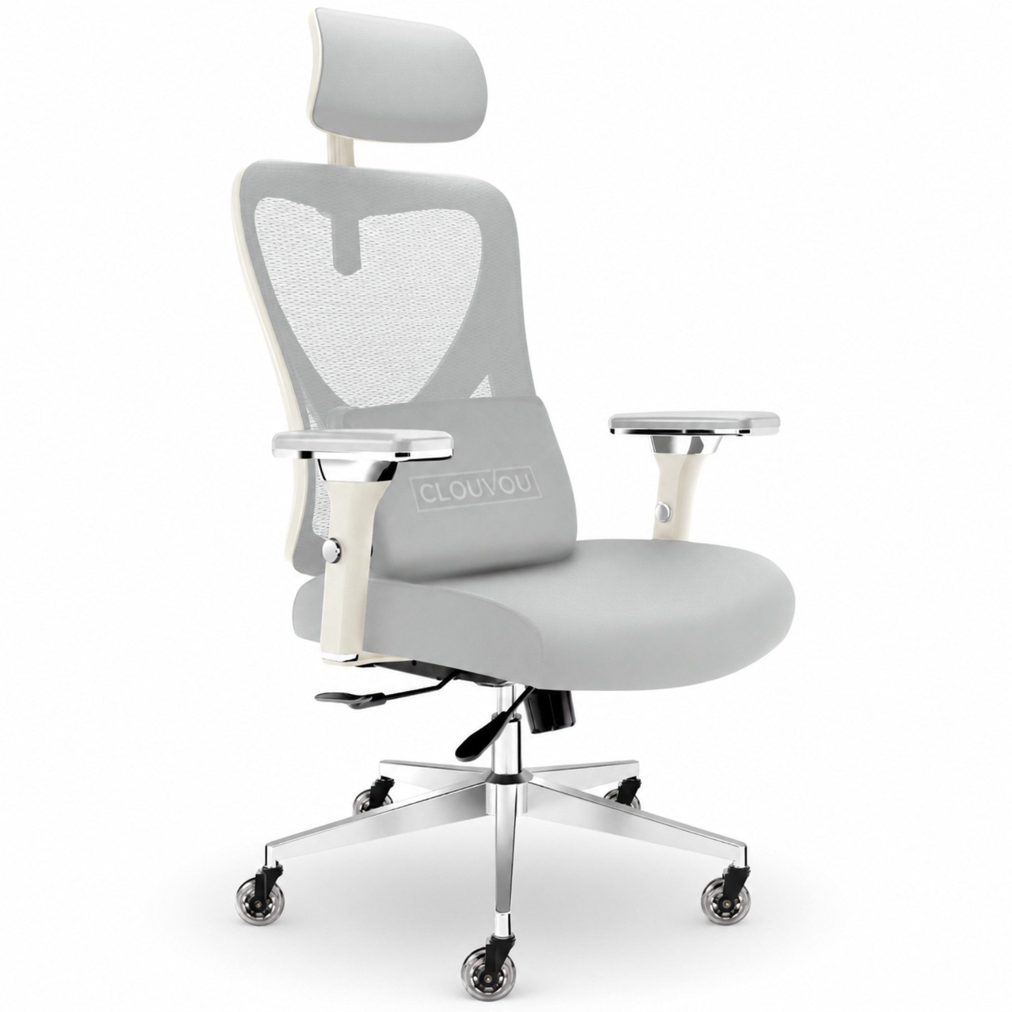CLOUVOU Bürostuhl Ergonomisch, Schreibtischstuhl bis 150 kg - Testsieger (CleverSeat - Chefsessel für Arbeitszimmer, 4D Chrom-Metallarmlehne), Blade Wheels, Homeoffice, Gaming Stuhl, Drehstuhl
