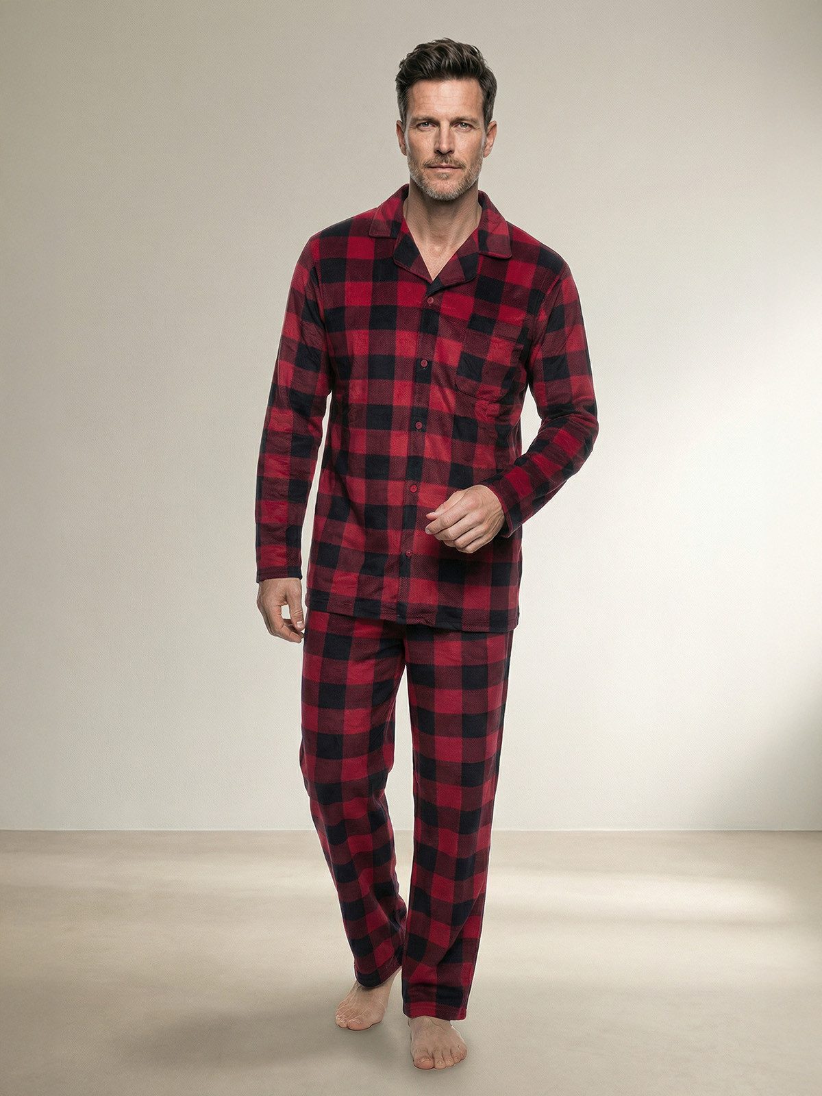 Henry Terre Pyjama Kent Langarm - Velour Karo Design Hemdkragen durchgeknöpft