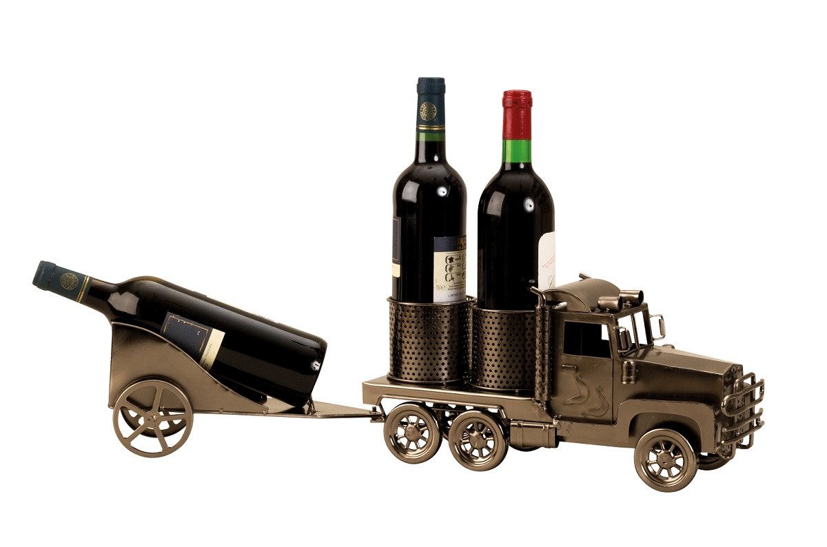 Geschenkestadl Weinflaschenhalter Flaschenhalter Truck mit Anhänger Weinflaschenhalter Metall 3 Flaschen, (Sparset, 1-St., 2tlg), passend für 3 Weinflaschen