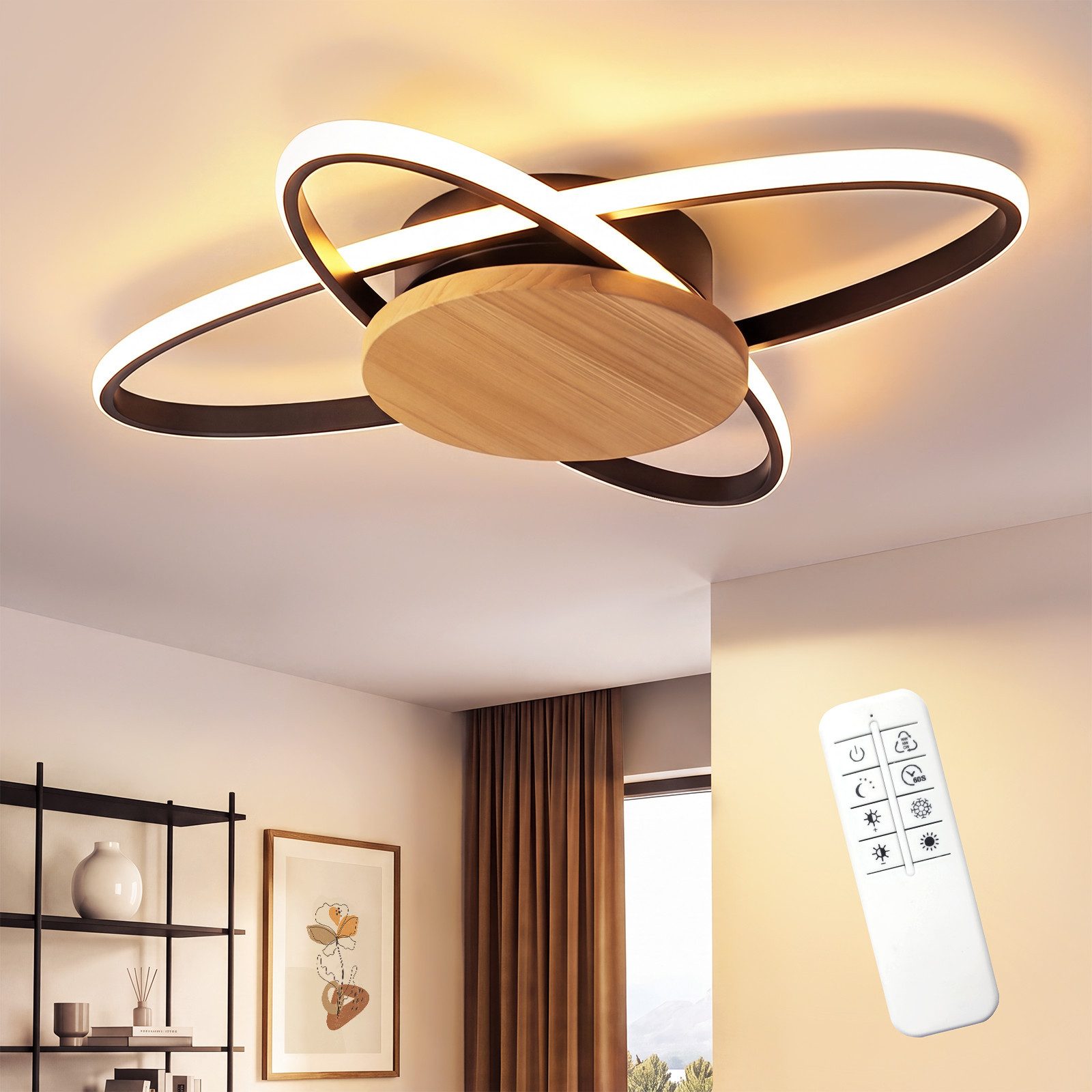 Nettlife LED Deckenleuchte Holz Modern Schwarz,Deckenleuchte Dimmbar Fernbedienung 2/3/4-Ringe, LED fest integriert, fürEsszimmer Küche Flur Büro Wohnzimmer
