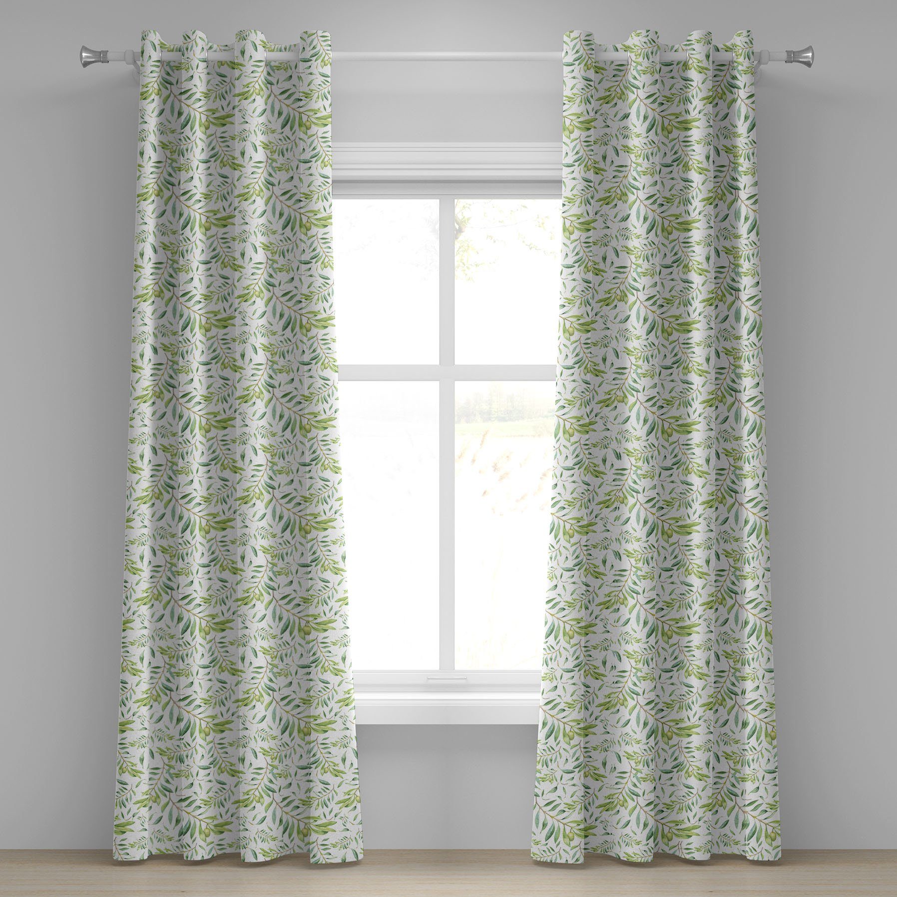 Gardine Dekorative 2-Panel-Fenstervorhänge für Schlafzimmer Wohnzimmer, Abakuhaus, Grünes Blatt Olivenbaum