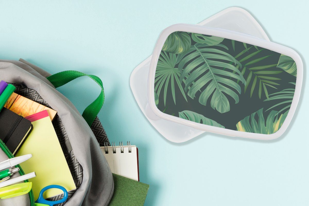 Muster Dschungel - MuchoWow - Mädchen und Pflanzen weiß Kinder Erwachsene, Lunchbox - (2-tlg), Jungs und für - Kinder, Brotbox Brotdose, Tropische - für Jungen Kunststoff, Mädchen