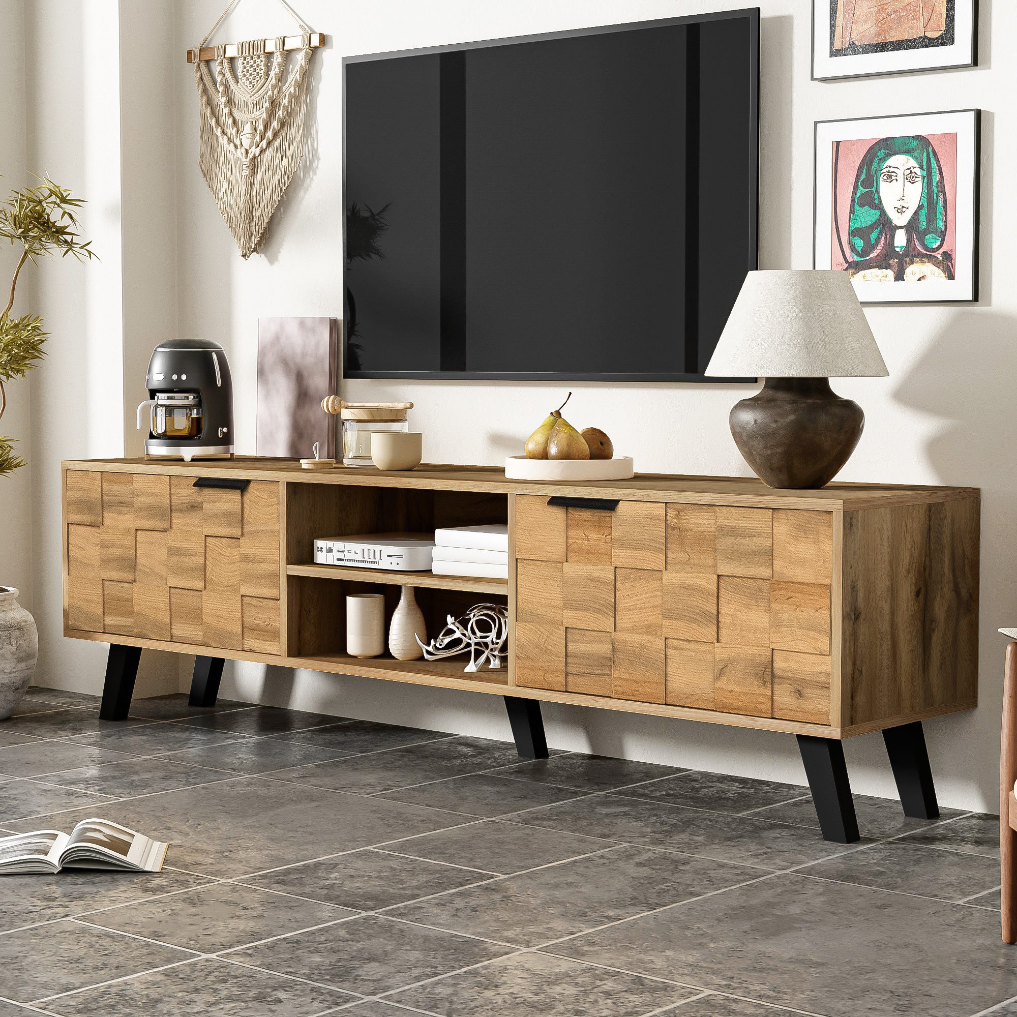 MODFU Lowboard mit Dämpfungsscharnieren (Fernsehtisch,TV-Board,TV-Ständer, 1 St., 2 Türen, 2 offenen Fächern), mit Holzmaserungsdesign
