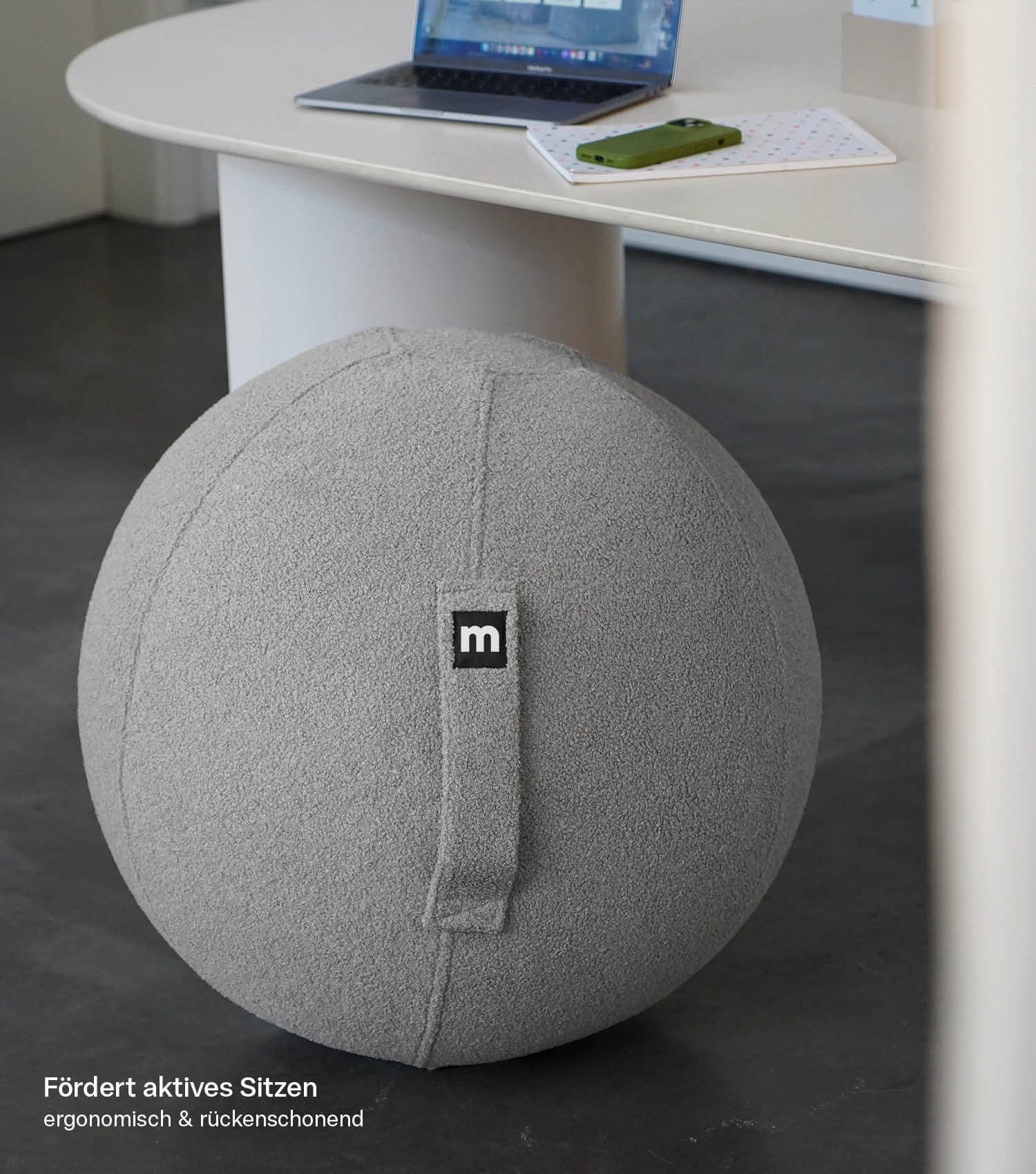 mokebo Sitzball Der Runde (mit Stoffbezug), Made in Germany, ergonomischer Hocker, Büro, Homeoffice in Grau