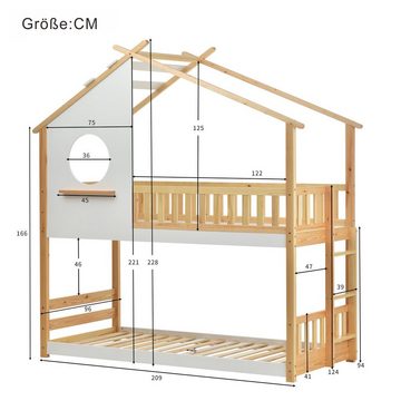 Flieks Etagenbett (mit rechtwinkliger Leiter, Fallschutz und Lattenrost), Hausbett Kinderbett Massivholzbett Kiefer 200x90cm