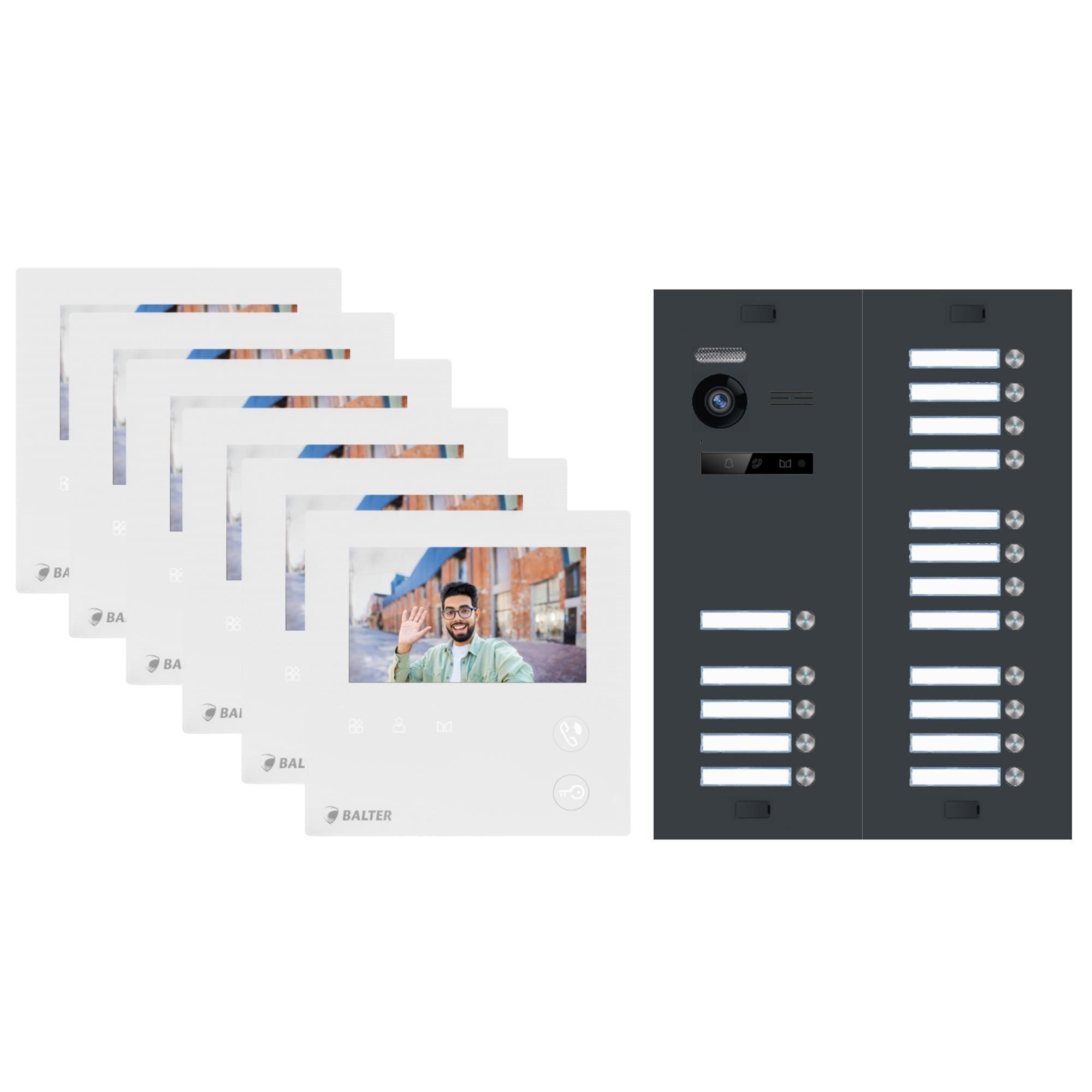 Balter Video-Türsprechanlage BALTER Türsprechanlage EVO MINI 2-Draht BUS 17-Familienhaus Silber (Set, 17-Familienhaus, Komplettset, Analog 150° Kamera, Farbdisplay-Monitor)