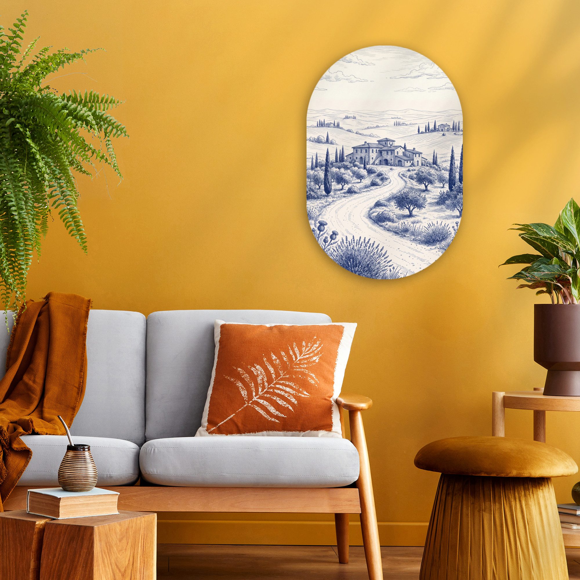 MuchoWow Gemälde Rustikal - Anwesen - Blau, Fotodruck (1 St), Wandbild Oval, Wohnzimmer oder Schlafzimmer Wanddekoration, 40x60 cm