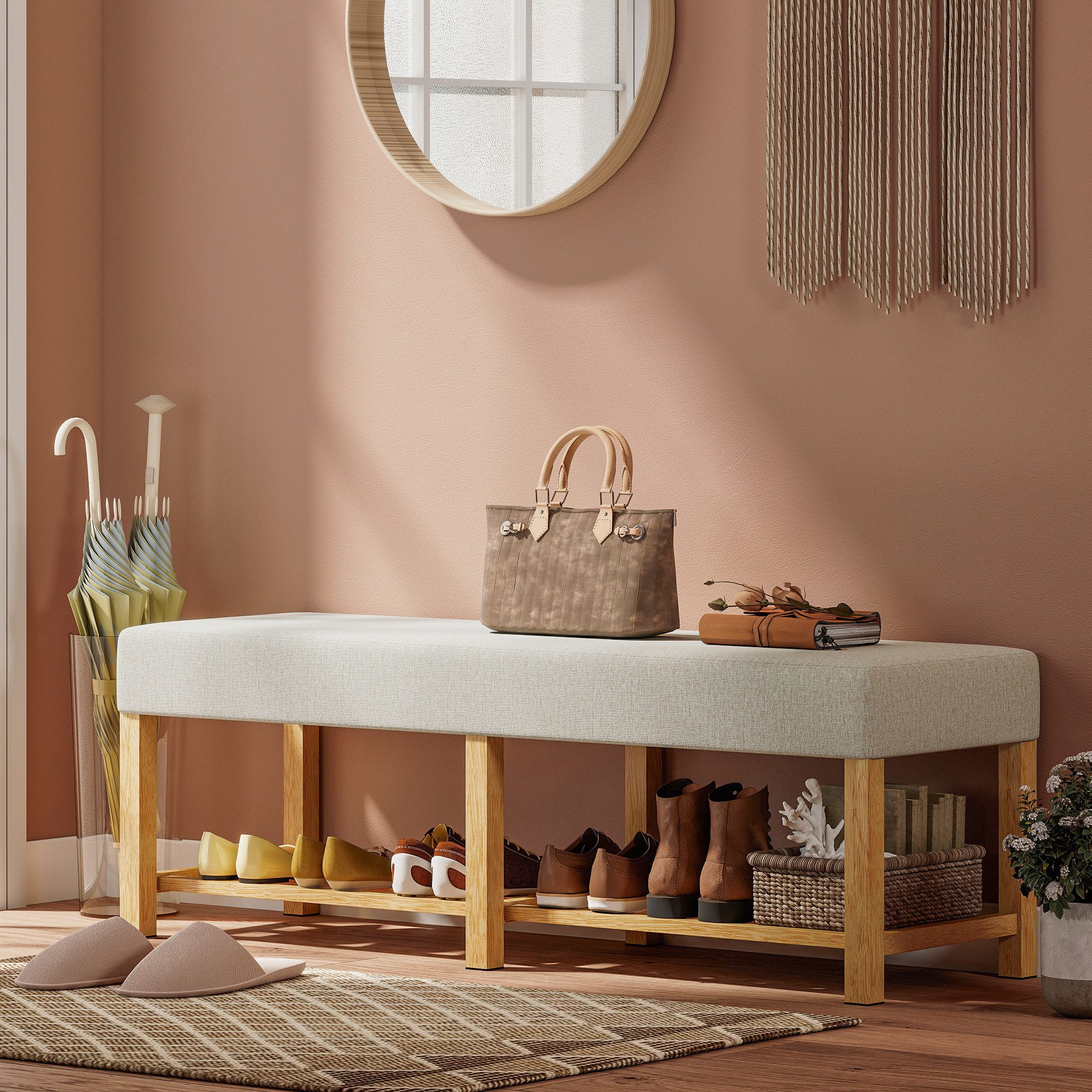 REDOM Schuhbank Flurbank Holz mit Sitzpolster, Schuhbank 140 x 44 x 48 cm (Packung, 1-St., Eingangsbereich Bank Naturholz Cremeweiß, moderne Aufbewahrungsbank), Gepolsterte Sitzbank für Flur, geeignet für 2 Personen Nutzung