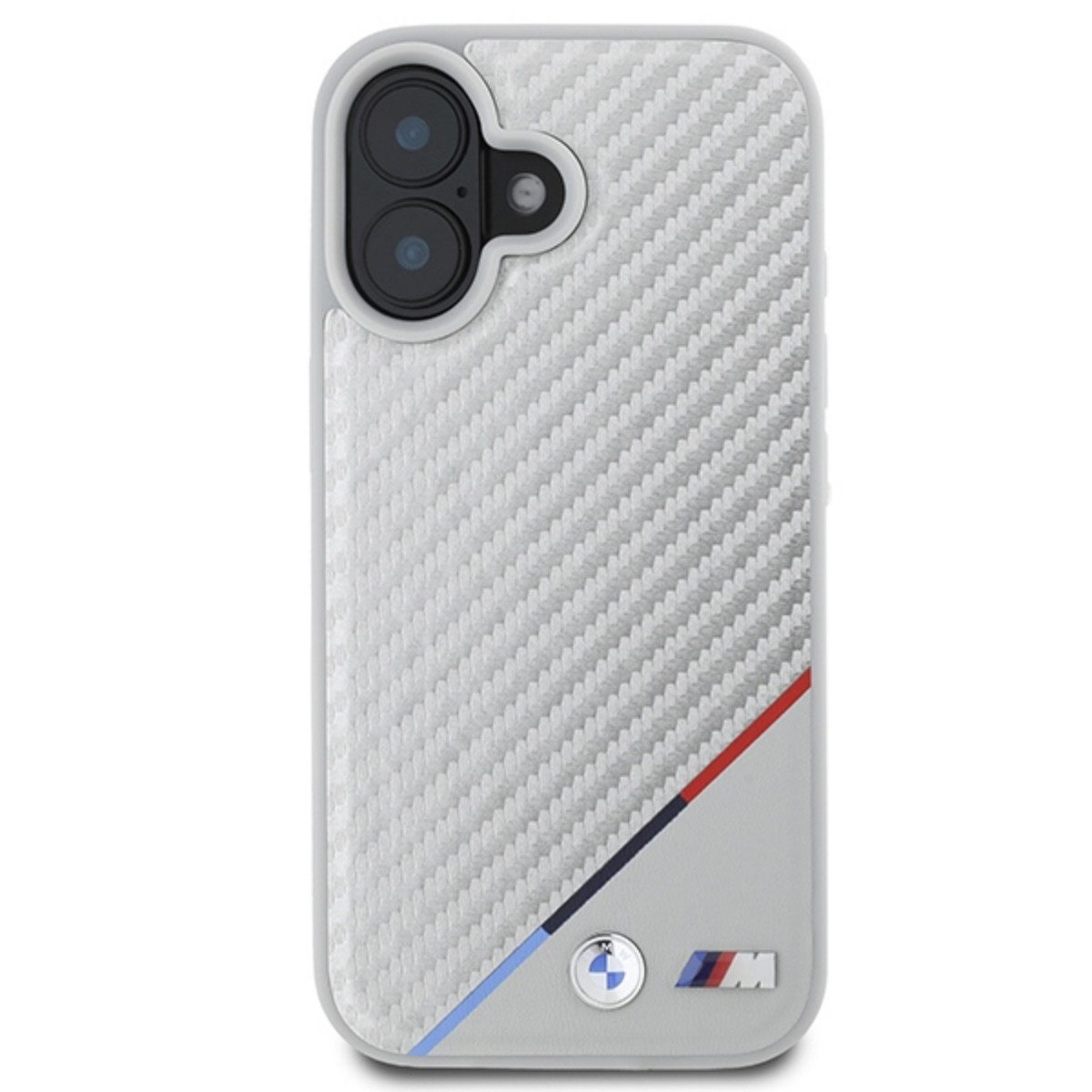 BMW Handyhülle Carbon Tricolor mit Magnetfunktion Kompatibel mit iPhone 16 Grau 6,1, Carbonhülle mit Tricolor Linie integrierter Magnetfunktion Rand!