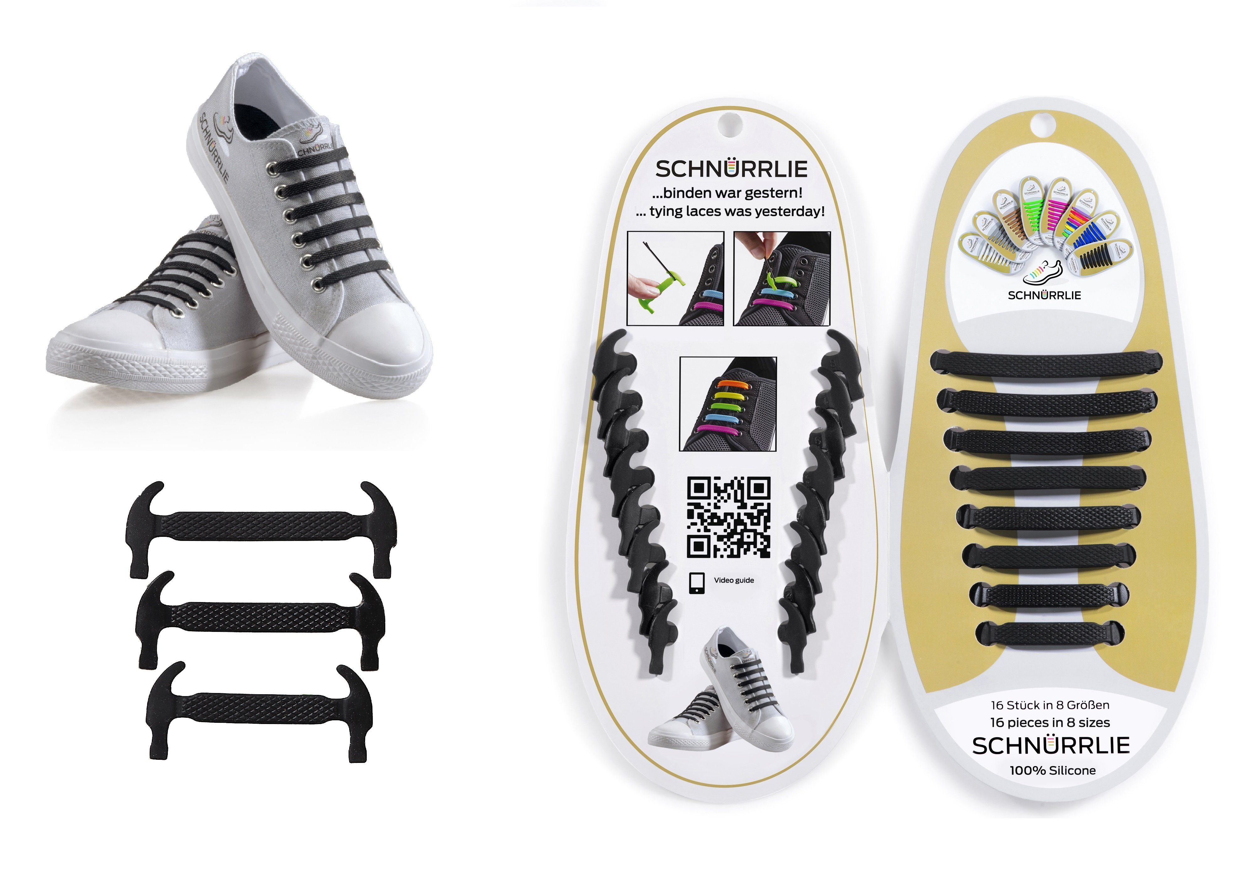 Schnürbänder flache Silikon Laces, SCHNÜRRLIE Sportschuhe Turnschuhe, elastische uvm für Sneaker, Schnürsenkel - Schwarz
