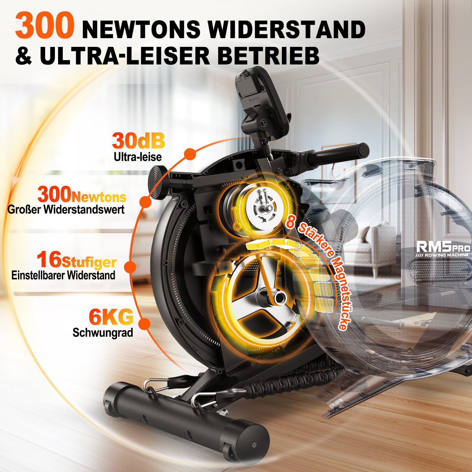 VOWVIT Rudergerät mit Magnetwiderstand und Bluetooth, bis 160 kg belastbar (1-tlg), Heim- & Innenrudergerät mit Tablet-Halterung