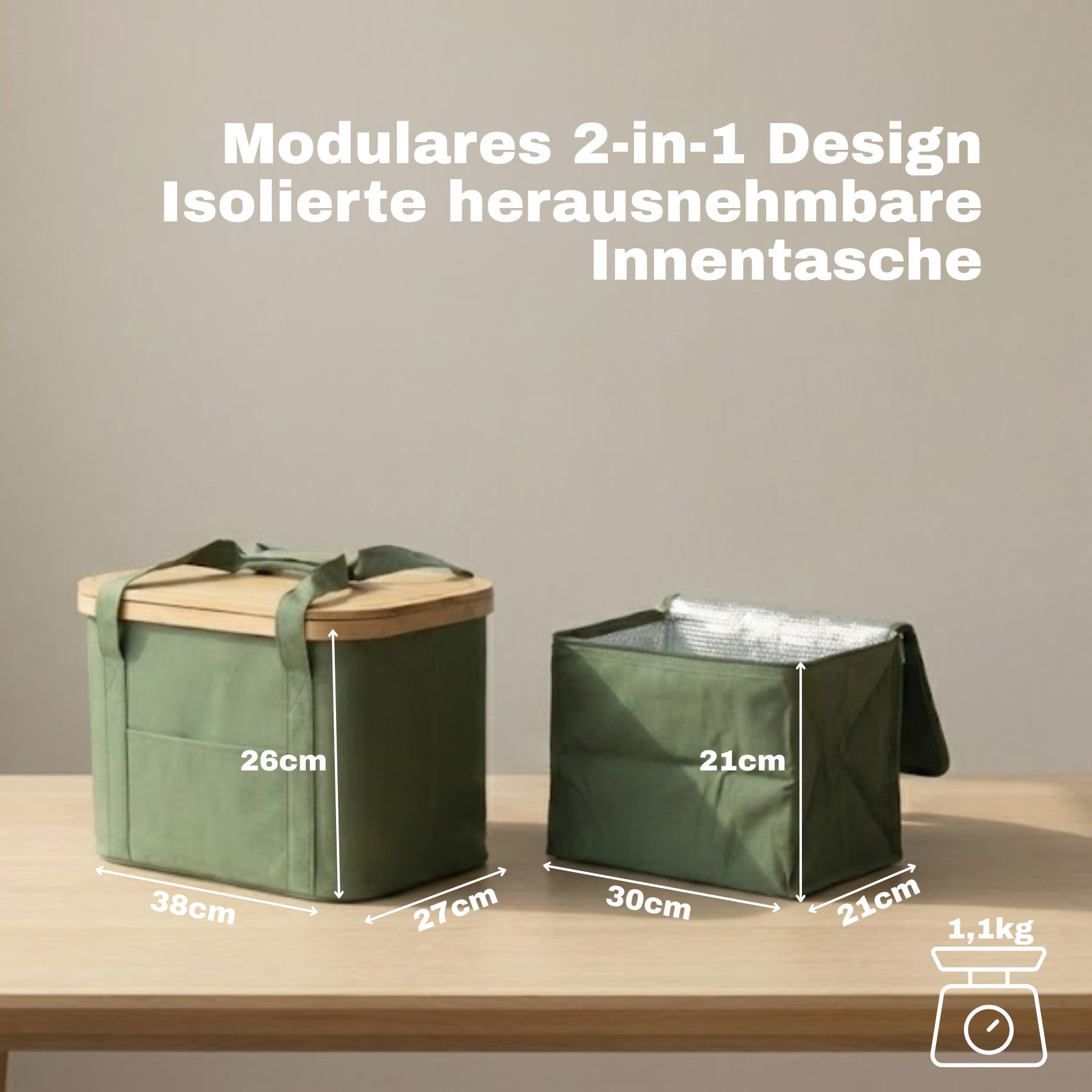 BigDean Picknickkorb 2-in-1 mit herausnehmbarer Kühltasche und Bambusdeckel (Set, 1 St., Picknickkorb), Faltbar, Vielseitig, Abwaschbar