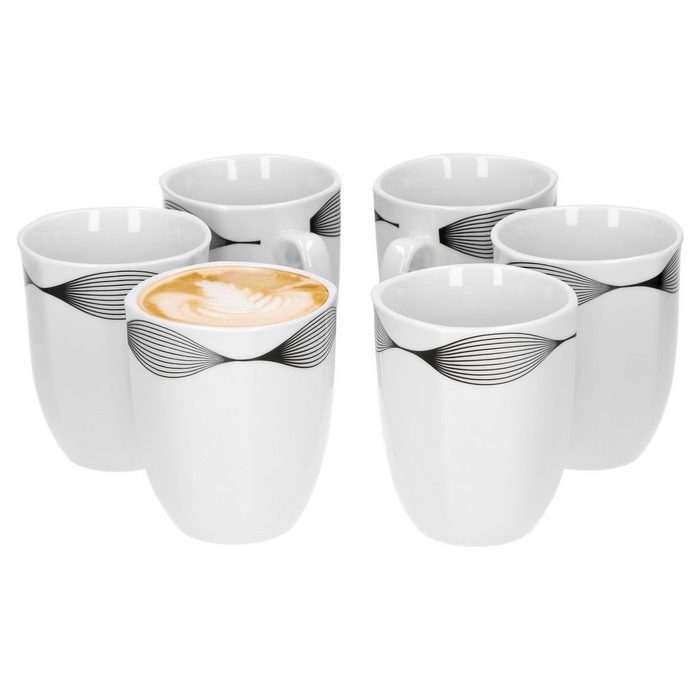 van Well Tasse 6er Set Kaffeebecher Matrix 330ml Porzellan weiß mit Dekor