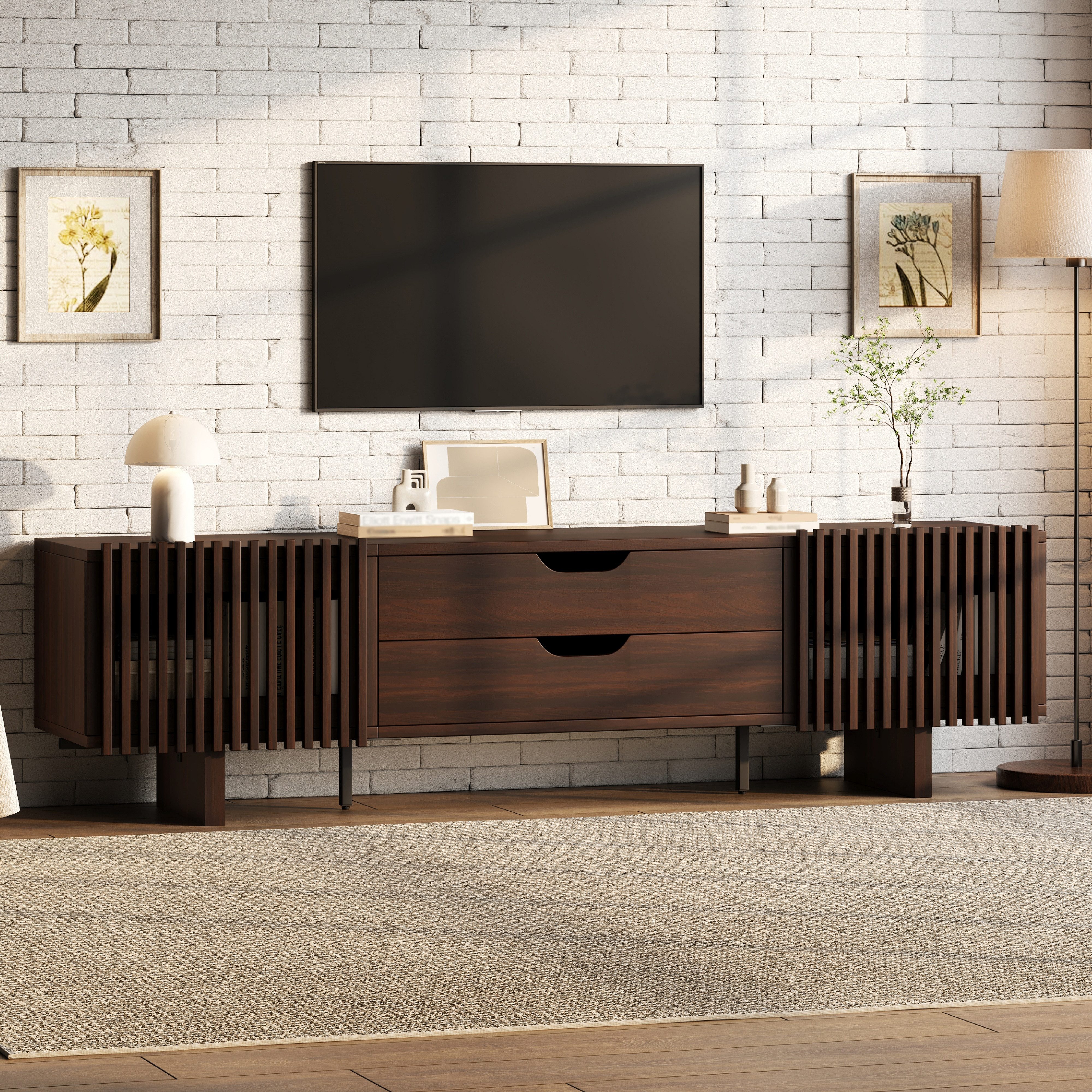 Merax Lowboard Wohnzimmerschrank in dunklem Nussbaumholz (1 St), TV-Schrank mit 2 Schubladen und Lamellentüren,180x40x45cm