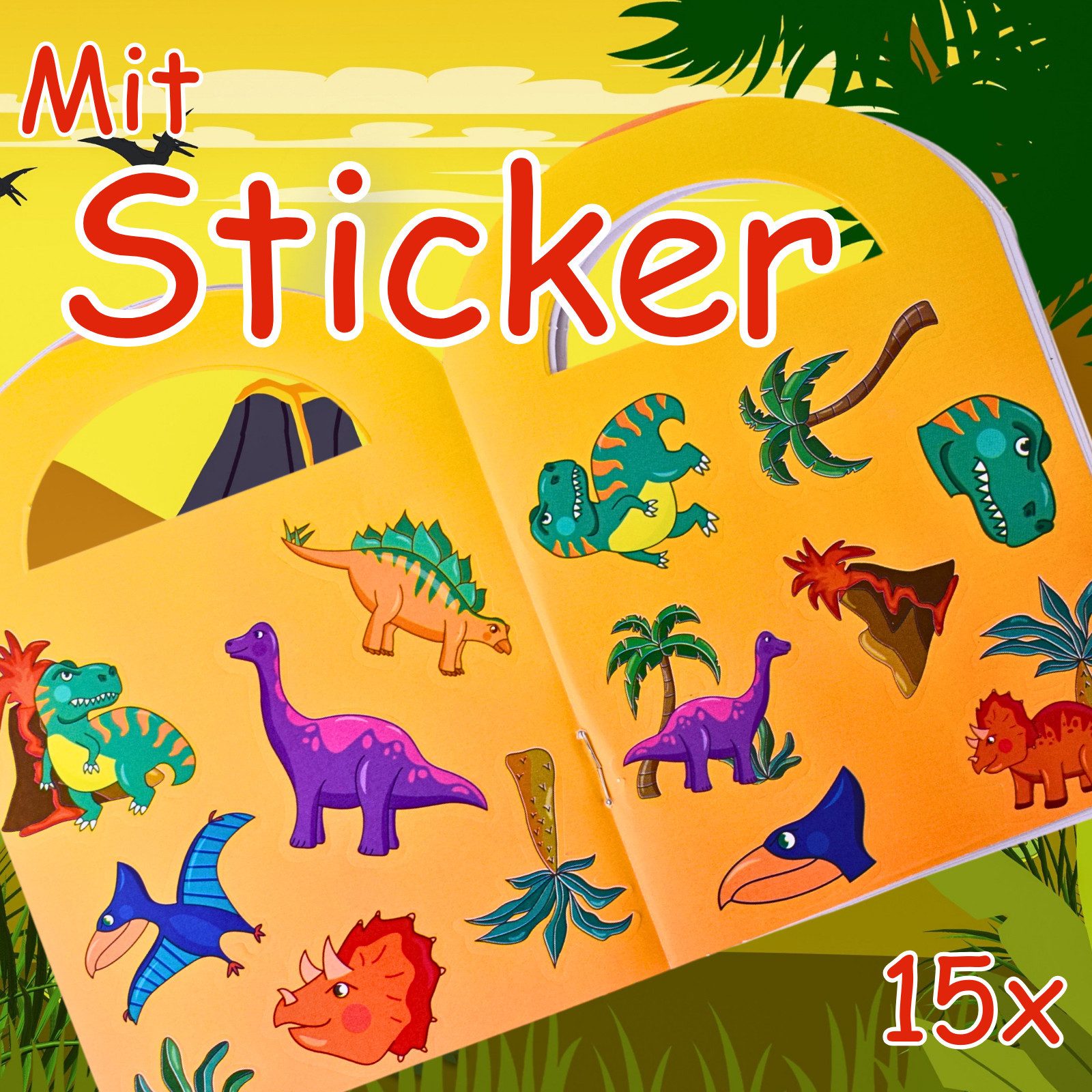 TE-Trend Stickerbuch 12 Stück Dinosaurier Motiv Malheft Ausmalheft Set mit je 15 Sticker, mit 15 Dinosaurier-Sticker