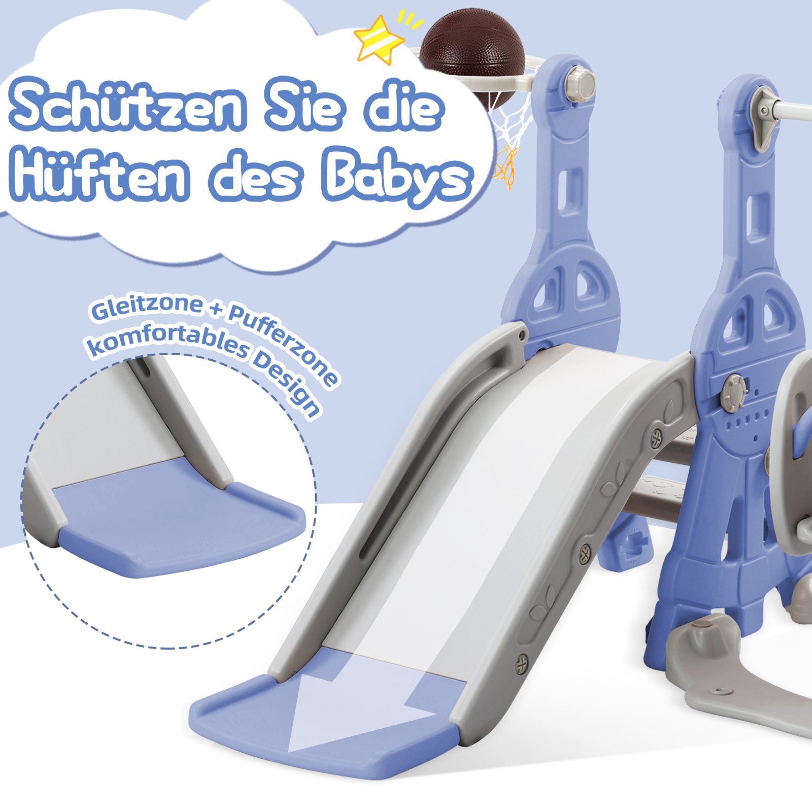 zebery Rutsche Kinderrutsche 4-in-1 Rutschen,Gartenrutsche mit Schaukel, Blau Kleinkinderrutsche,Kletterleitern,Schaukeln, Basketballkörbe – Bild 3 von 5