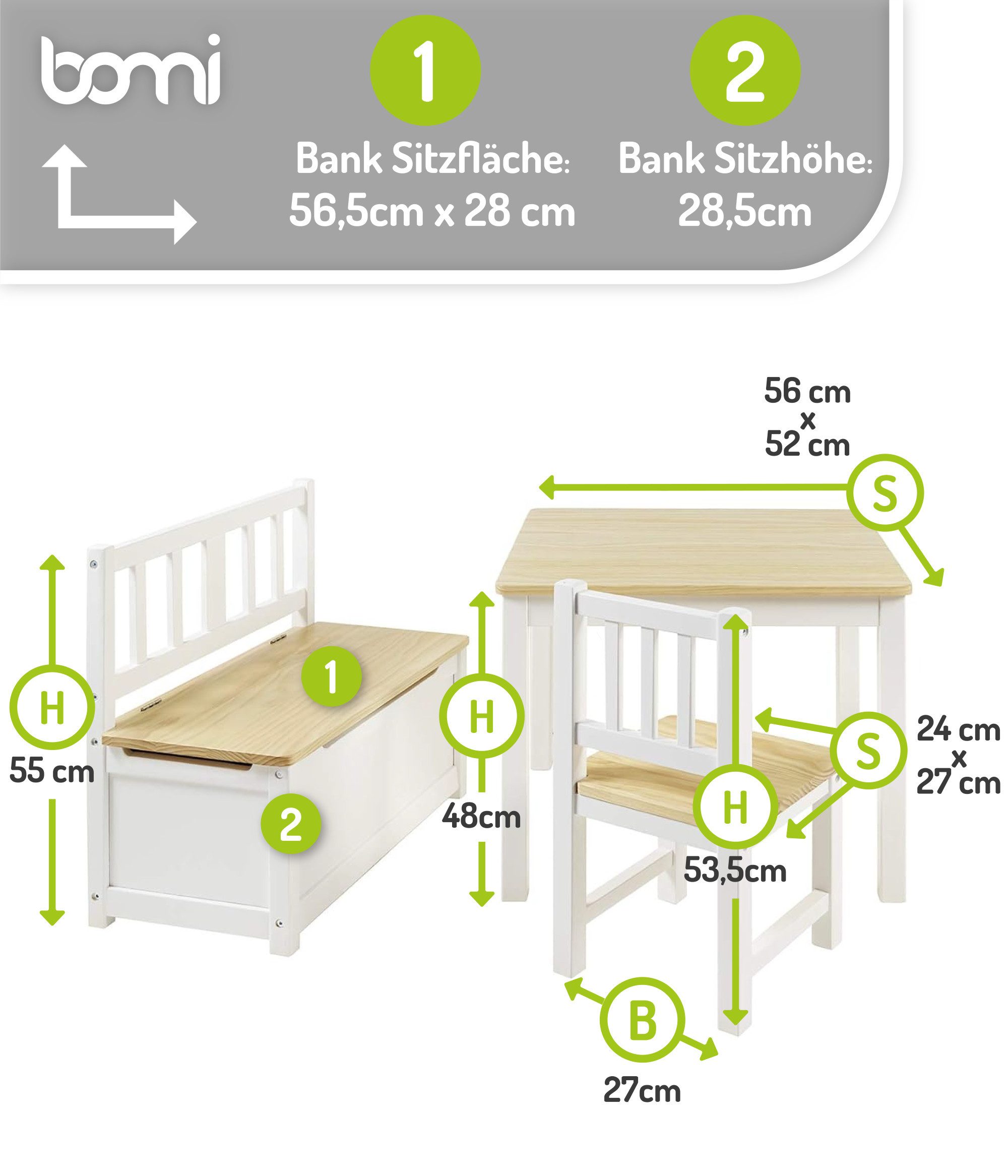 BOMI Kindersitzgruppe Holzsitzgruppe Anna, (Set, 4-tlg., 1x Tisch, 1x Truhenbank & 2x Stühle), Kindertischgruppe aus Holz, als Spiel- & Maltisch