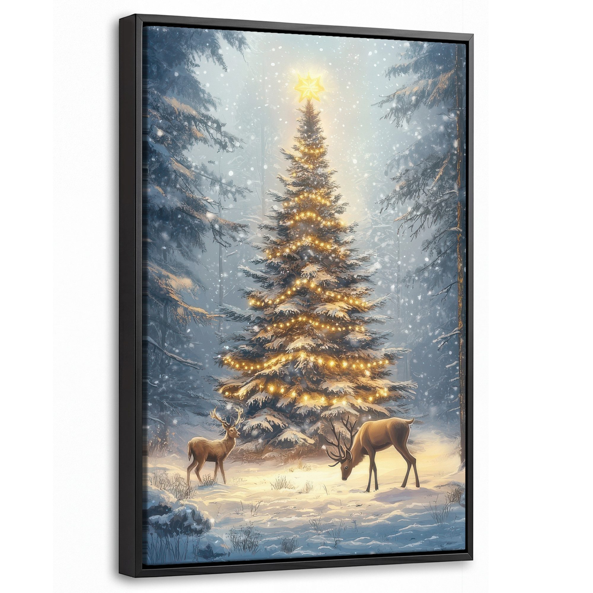 OneMillionCanvasses® Leinwandbild mit Rahmen - Weihnachtsbeleuchtung - Wald - Hirsche - Dunkelheit, Fotodruck (1 St), Deko für Wohnzimmer Schlafzimmer Küche 20x30cm