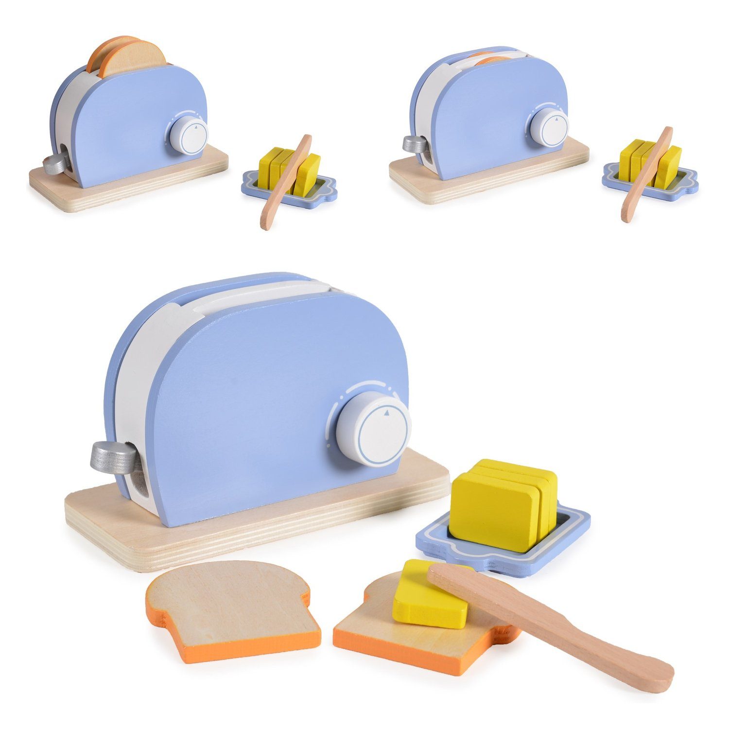 Moni Kinder-Toaster Spielzeug Toaster 4341 Set, Holz, Drehknopf, Butter, Messer, Toastscheiben