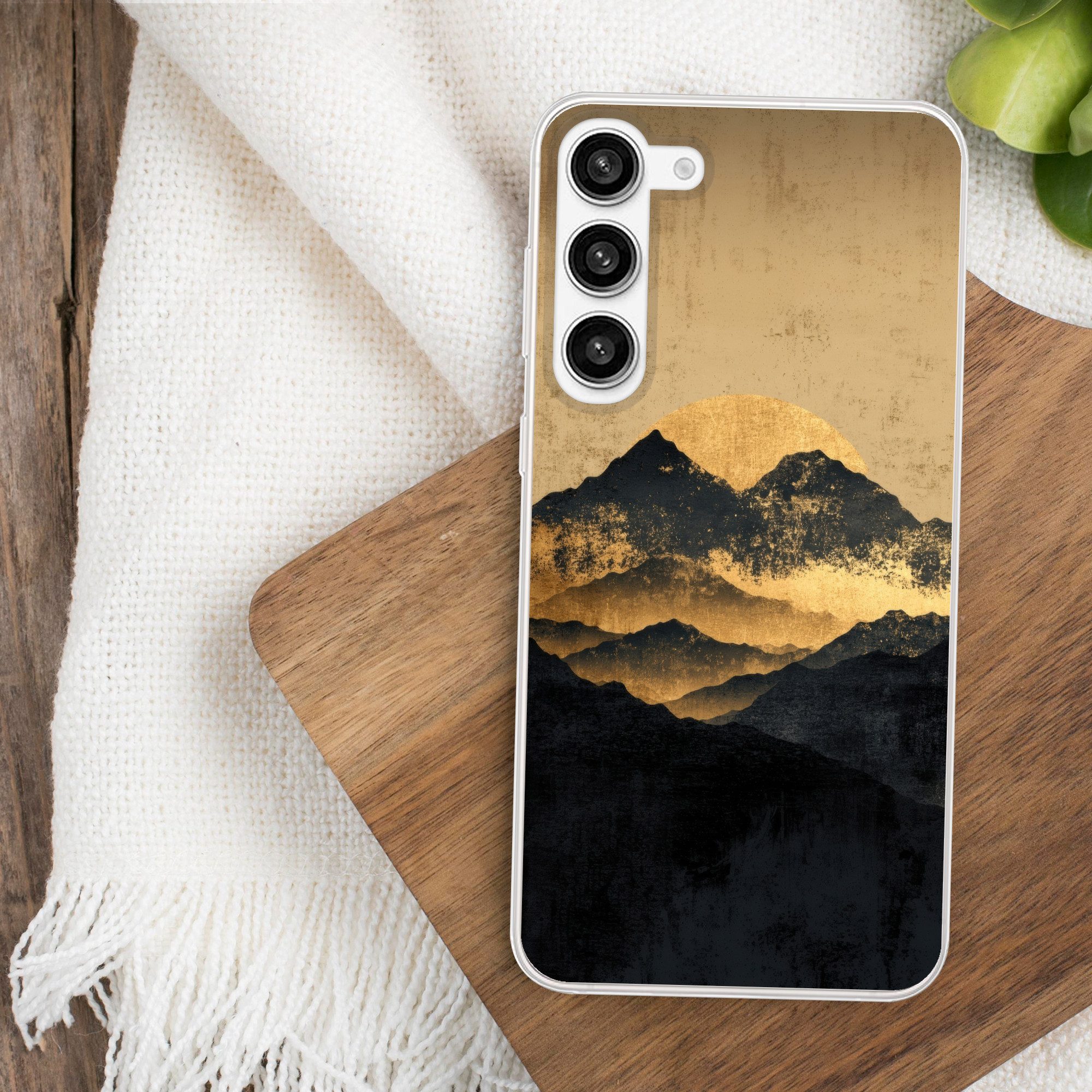 MuchoWow Handyhülle für Samsung Galaxy S23 Plus Goldene Berge bei Mondschein, Phone Case, Silikon, Schutzhülle Dünn