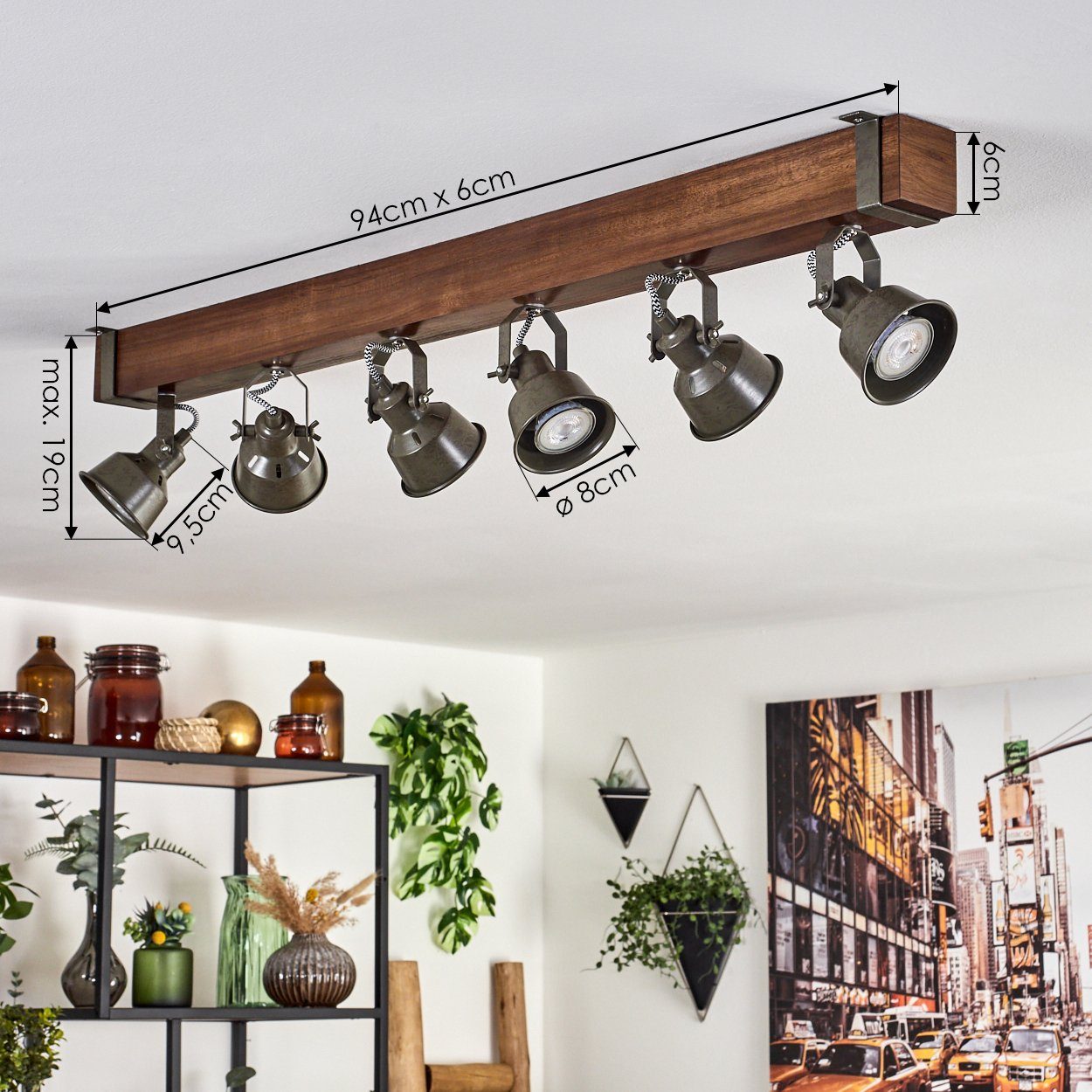 hofstein Deckenleuchte moderne Deckenlampe aus Metall/Holz in Schwarz/Braun/Grün-Grau, ohne Leuchtmittel, Deckenleuchte mit verstellbaren Schirmen, 6xGU10 ohne Leuchtmittel