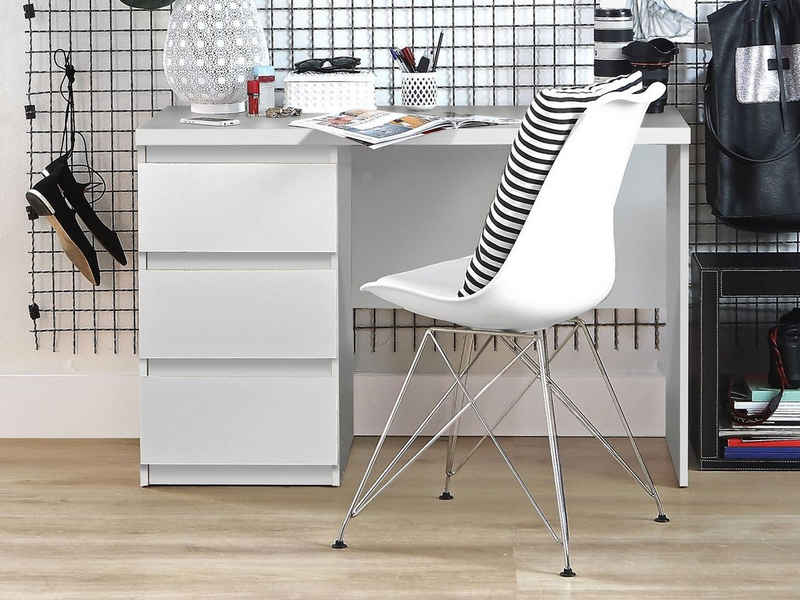 möbelando Schreibtisch Balu, Moderner Schreibtisch aus Spanplatte in Weiß Matt mit 3 Schubkästen. Breite 108 cm, Höhe 72,5 cm, Tiefe 50 cm