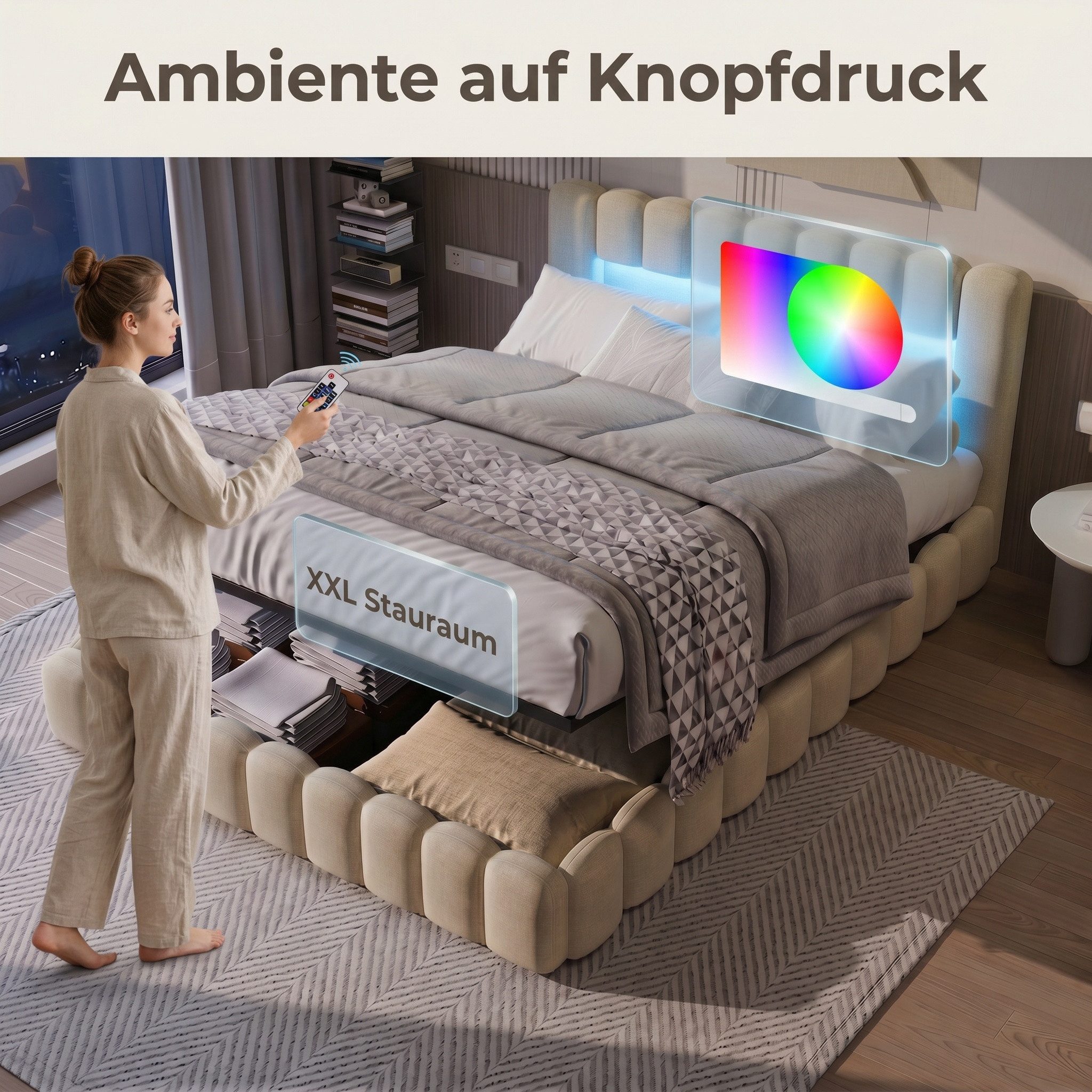 PXloue Polsterbett Doppelbett Jugendbett (ohne Matratze), Stauraumbett, Bettkasten, LED-Beleuchtung, USB-Anschluss, 180x200 cm