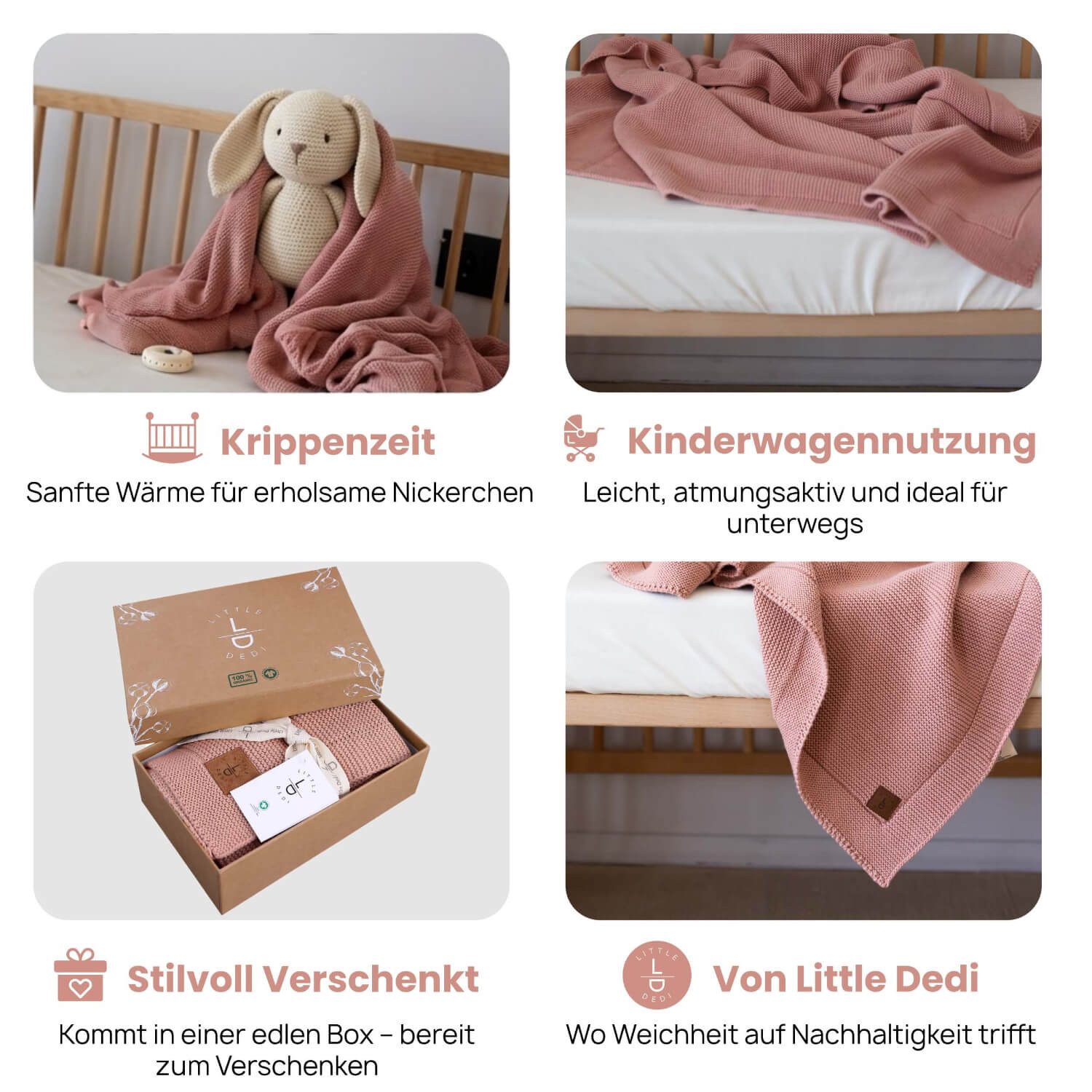 Babydecke Baby Strickdecke, %100 Bio Baumwolle, Atmungsaktiv, 80x100cm, Rosa, Little Dedi – Bild 3 von 5