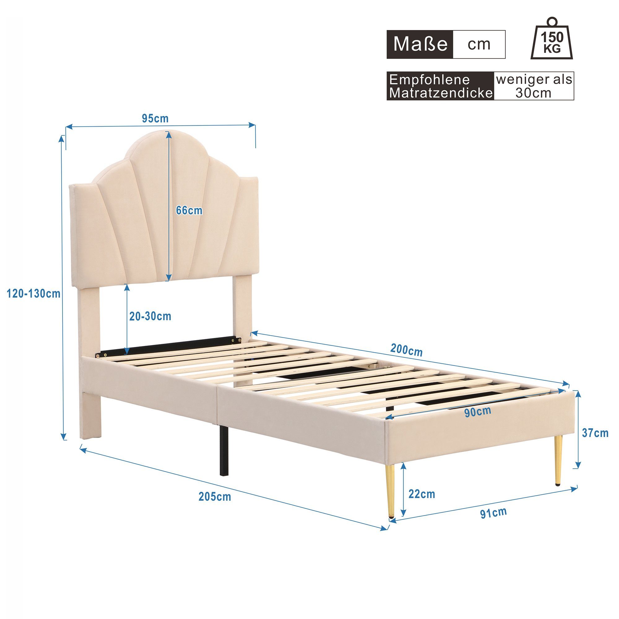 Polsterbett (Einzelbett 90x200 cm mit Polsterbank, ohne Matratze), mit höhenverstellbarem Muschel-Form-Kopfteil und Lattenrost, Samt