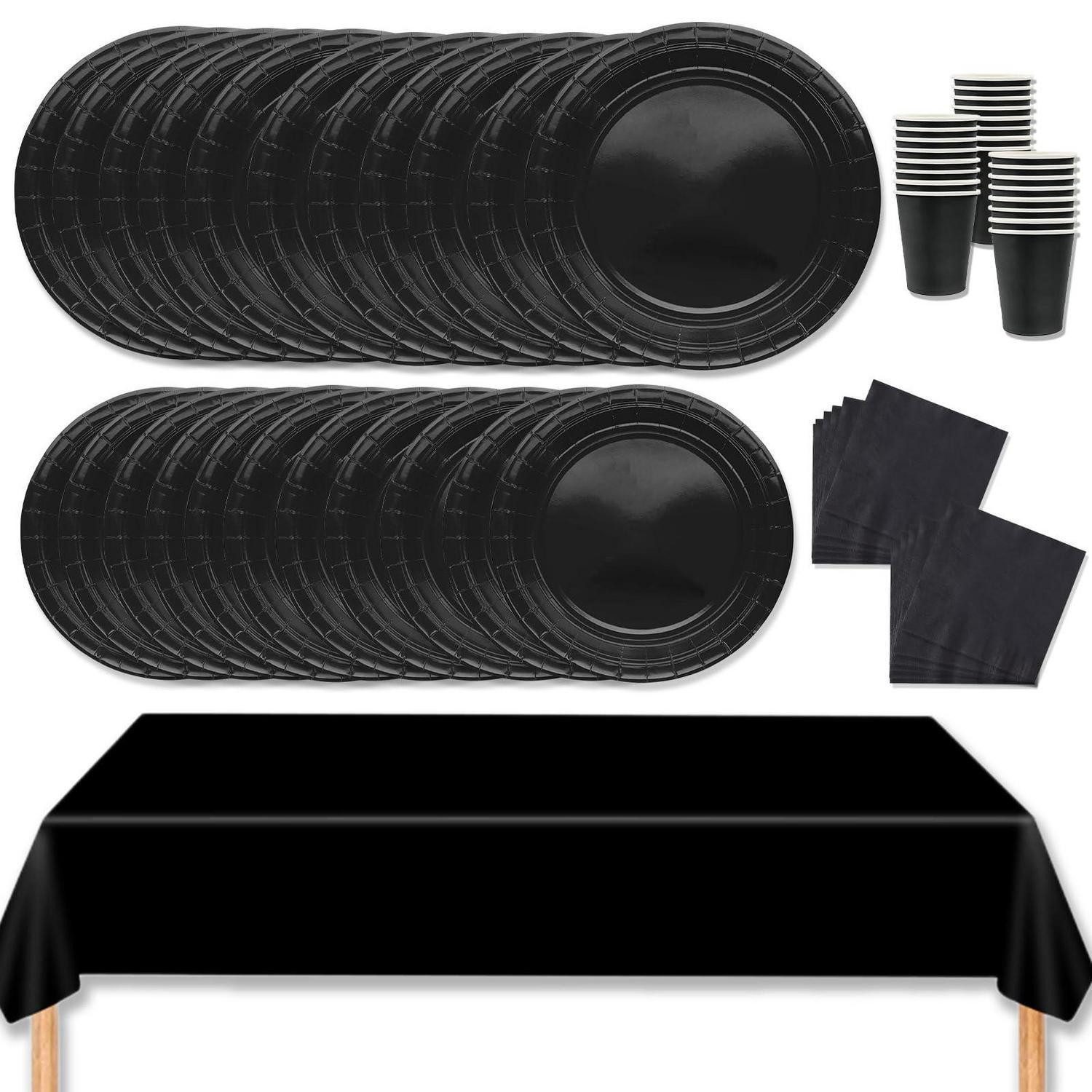 LuxusKollektion Pappteller Partygeschirr Set 69 Teile Rosarot Schwarz 16 Gäste