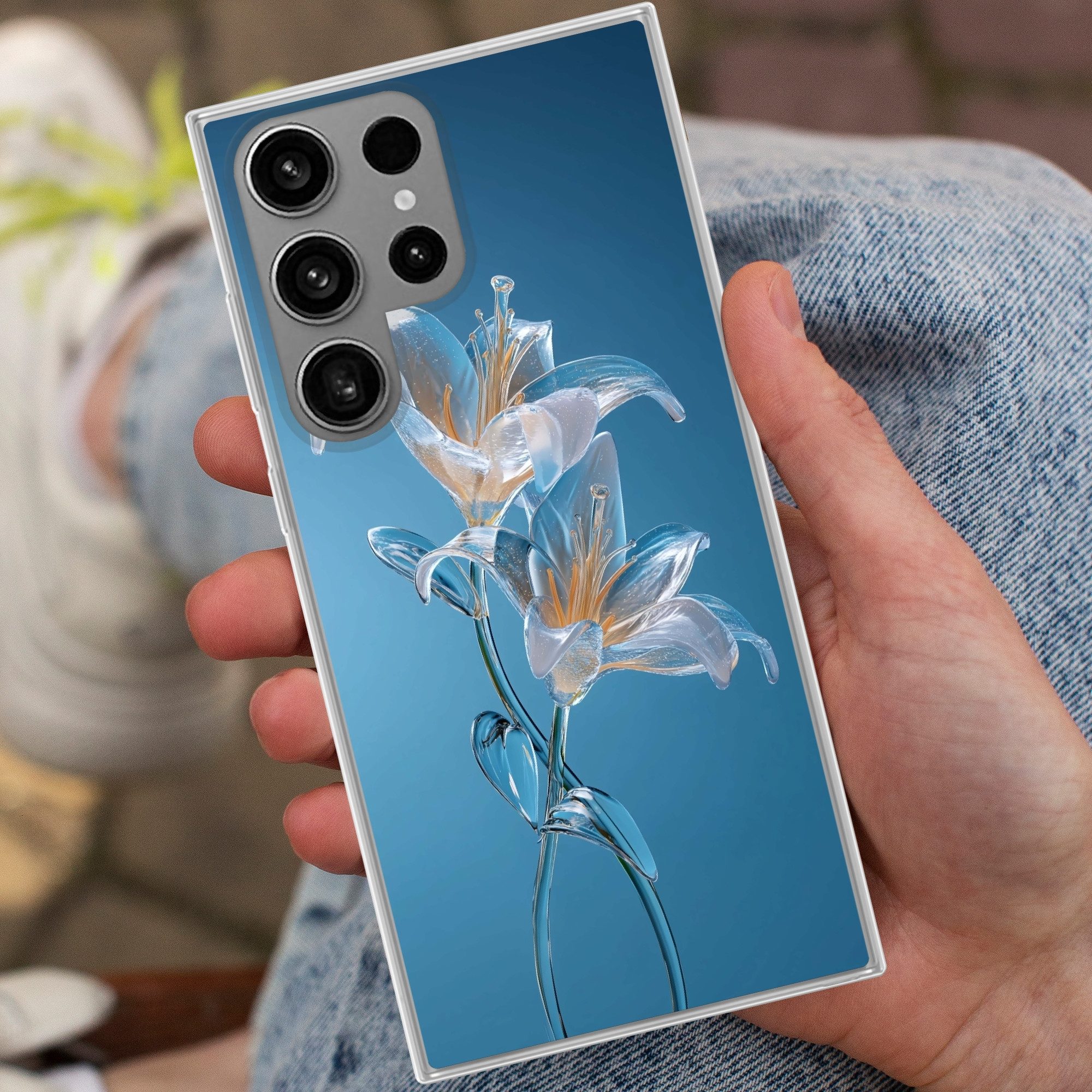 MuchoWow Handyhülle für Samsung Galaxy S23 Ultra Lilien - Blau - Gläser