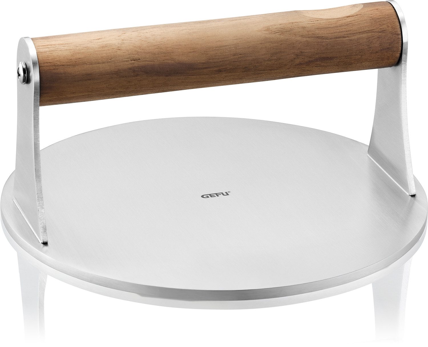 GEFU Burgerpresse Smash-Burgerpresse BBQ mit rutschfestem Walnussholzgriff (1 St), Edelstahl, Holz, glatte Antihaft-Oberfläche, optimale Hitzeverteilung, Ø ca. 16 cm