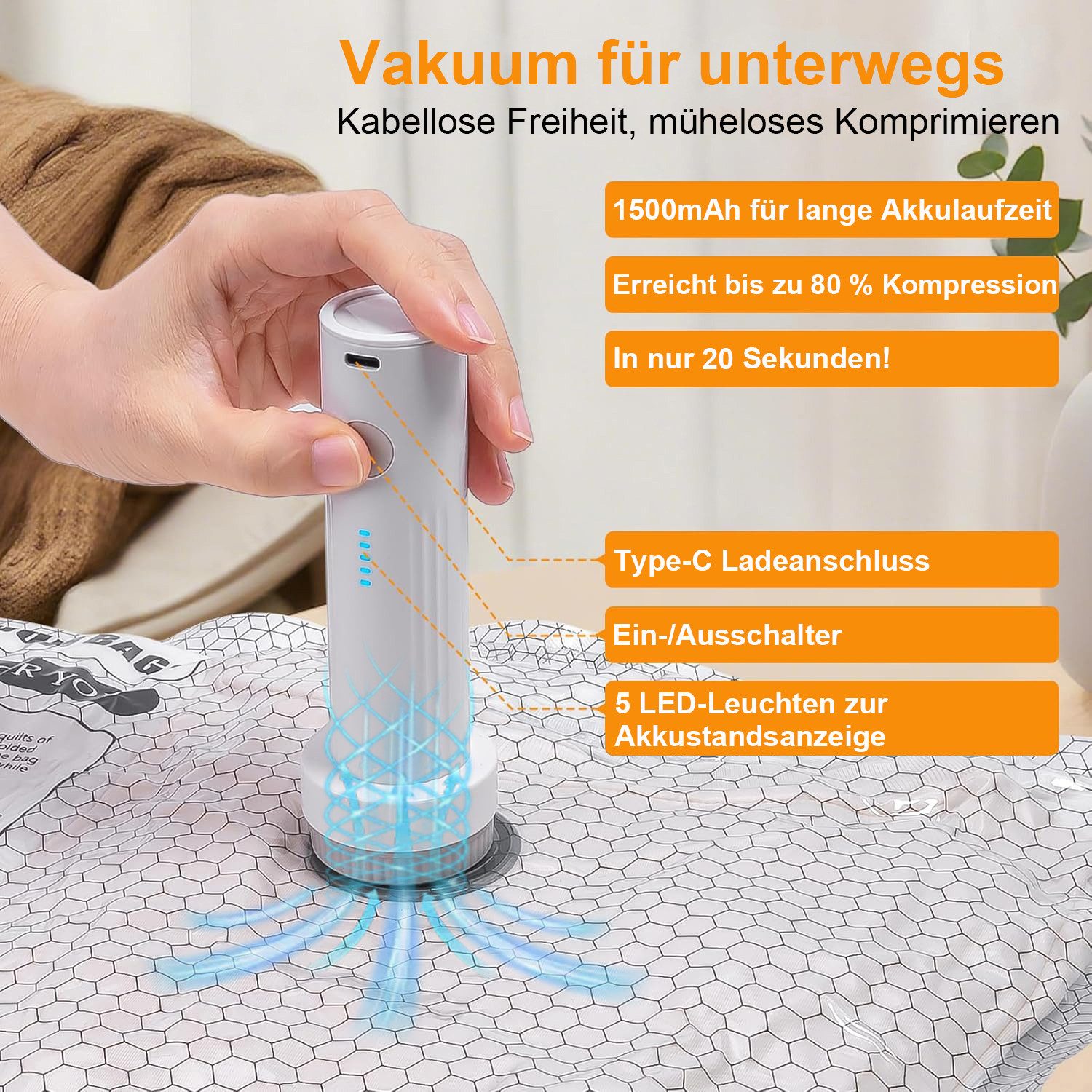 Futicare Kofferorganizer Vakuumbeutel für Kleidung mit kabelloser Vakuumpumpe 15 Stück (Transparente, langlebige und wiederverwendbare Vakuumbeutel in drei Reisegrößen – ideal für Kleidung, Handgepäck und ordentliches Packen auf Reisen)