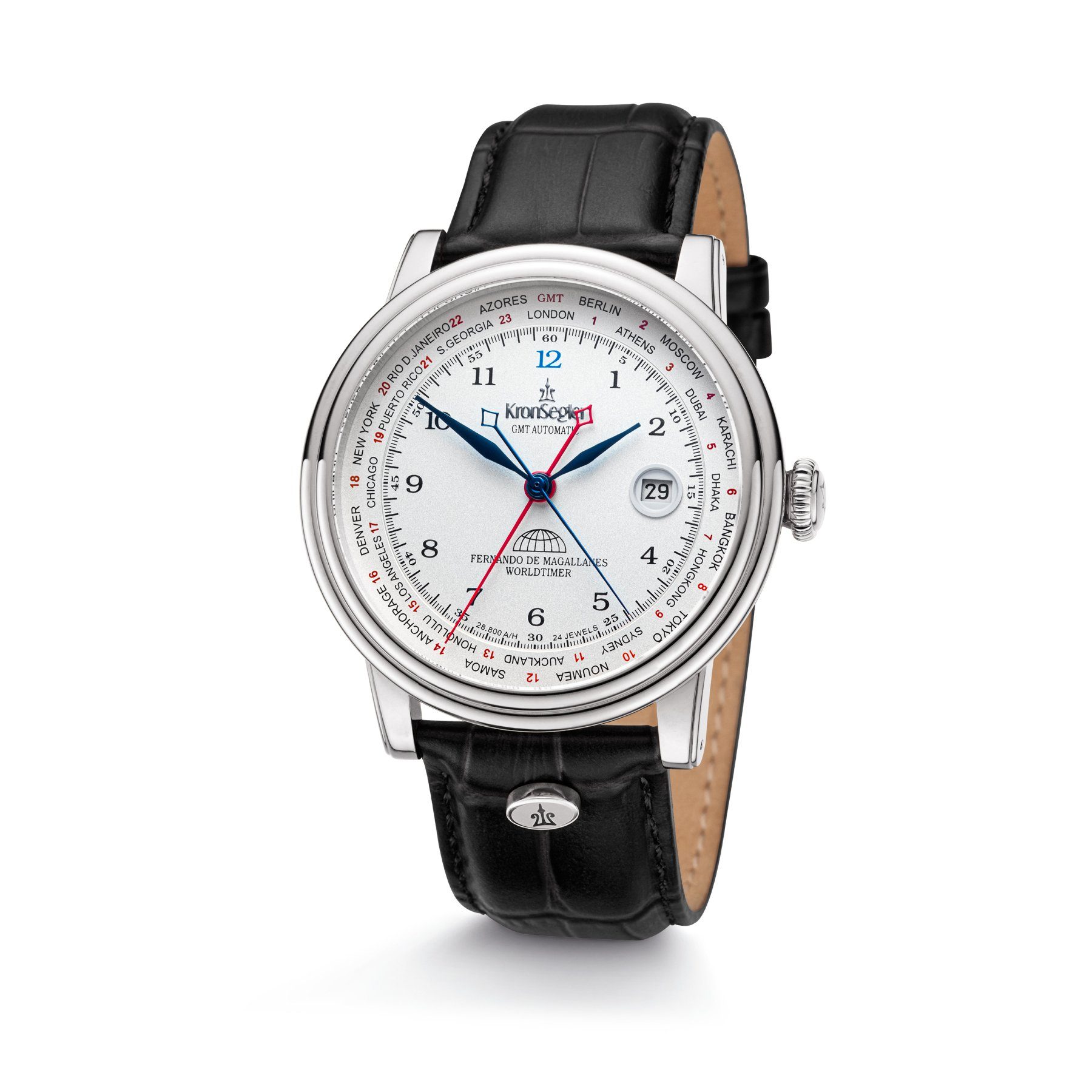 Armbanduhr stahl-silberweiß/schwarz de Lederband, mit Herren Magallanes" "Fernando GMT Automatikuhr m. Kronsegler Worldtimer