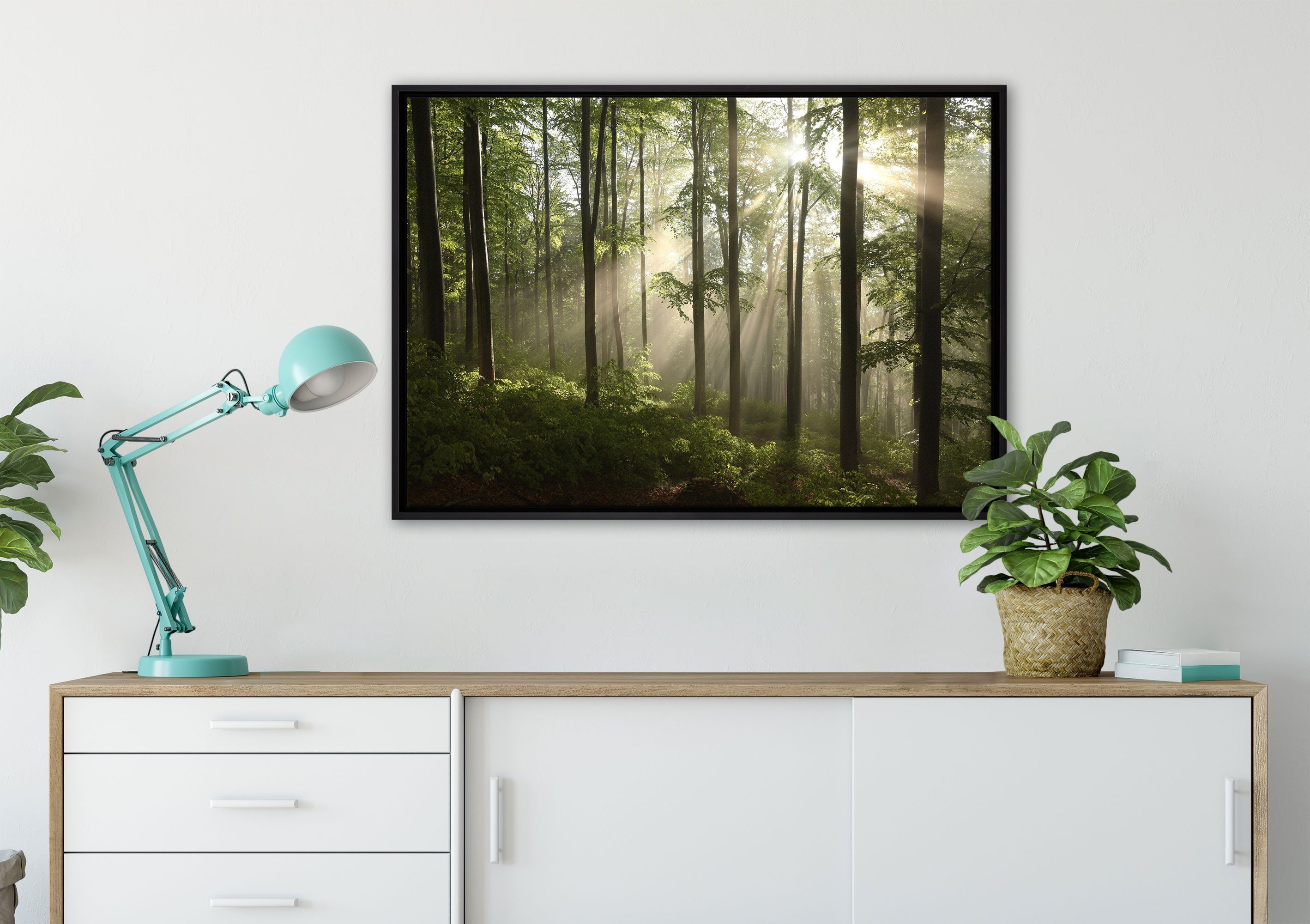 in Schattenfugen-Bilderrahmen (1 einem St), fertig Wanddekoration Wald, bespannt, Leinwandbild inkl. Leinwandbild im gefasst, Sonnenstrahlen Zackenaufhänger Pixxprint