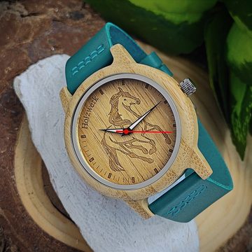 Holzwerk Quarzuhr TORI BLUE Damen Leder & Holz Uhr mit Pferd Motiv, türkis blau, beige