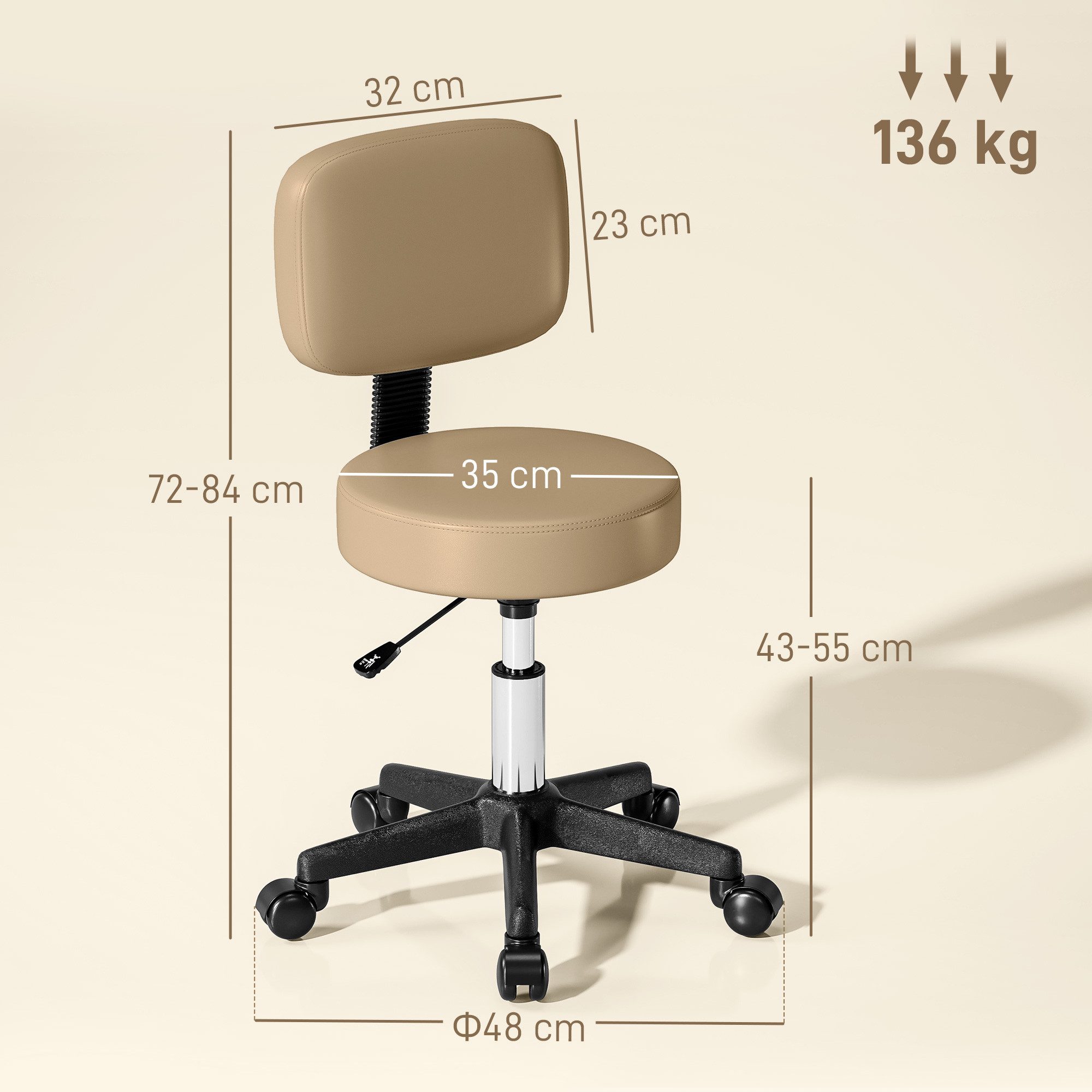HOMCOM Rollsitz Rollhocker höhenverstellbar mit Rückenlehne (Bürohocker, 1 St., Arbeitshocker), für Büro Salon Massage Spa Hellbraun