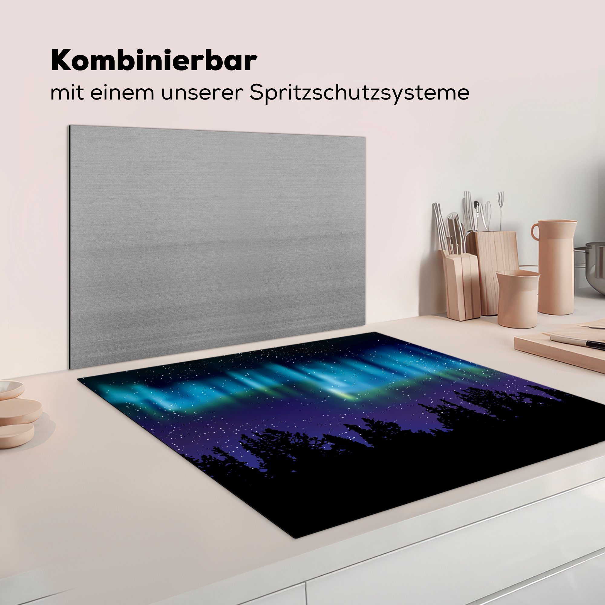 über Vinyl, Nordlichts Arbeitsplatte des den Illustration cm, Ceranfeldabdeckung, MuchoWow küche für 78x78 Eine (1 Wäldern, Herdblende-/Abdeckplatte tlg),