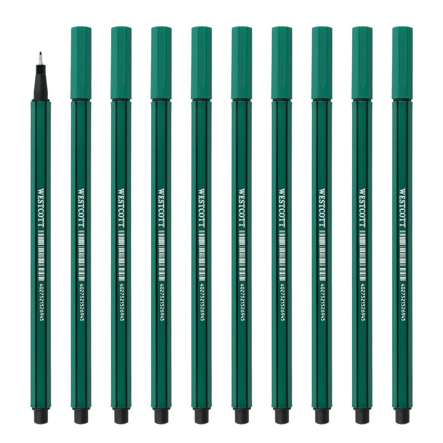 WESTCOTT Fineliner grün 10 Stück, Premium Fineliner mit 0,4mm Strichstärke, (Vorteilspack, 10-tlg), Präzise Strichführung, metalleingefasste Spitze, schnelltrocknend