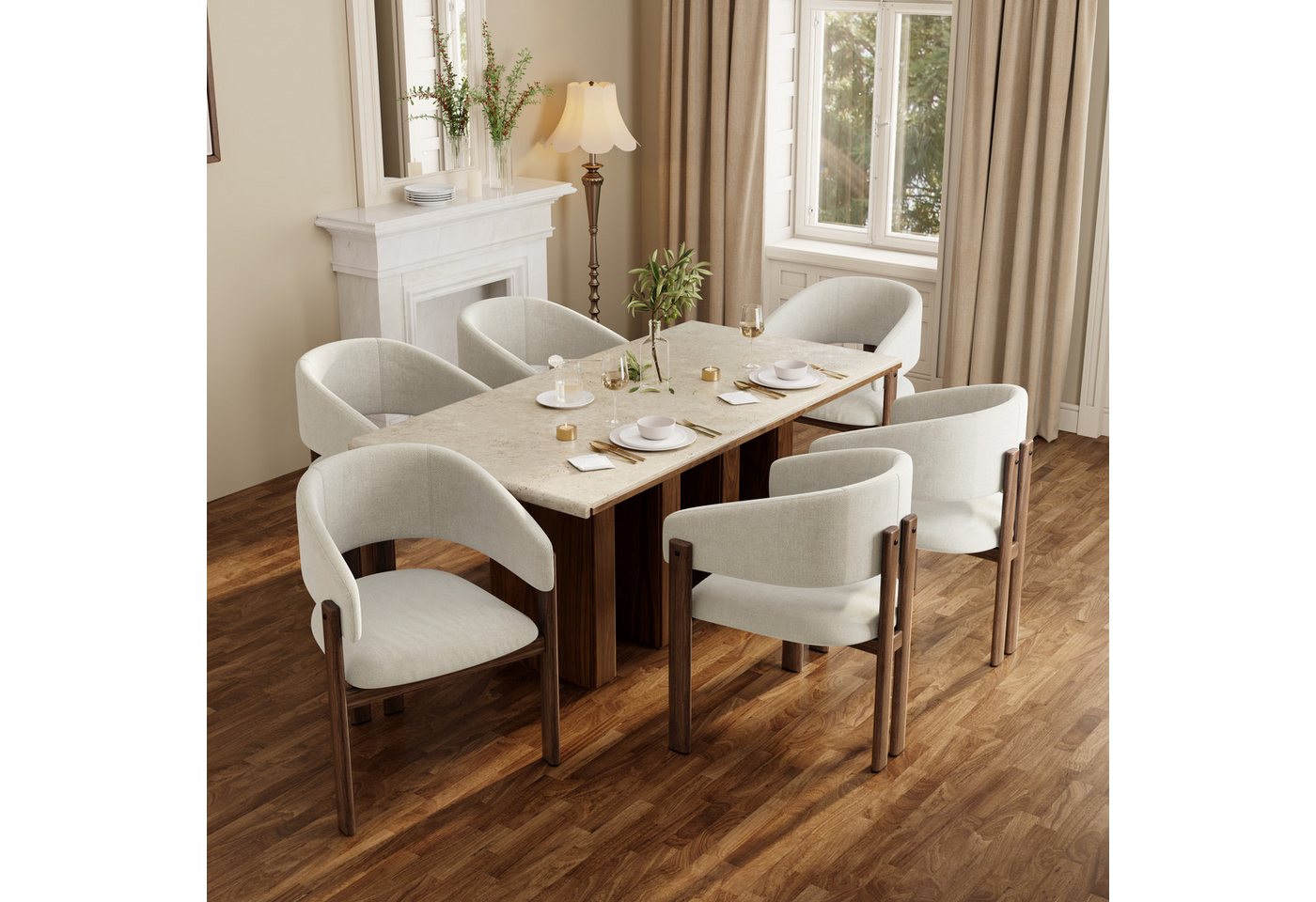 Flieks Polsterstuhl Metallgestell in Holzoptik Walnussfarbe&Eichenfarbe, Leinenstoff-Bezug (Set, 6 St), 2er Set Esszimmerstühle Armlehnstühle Wohnzimmerstuhl Beige