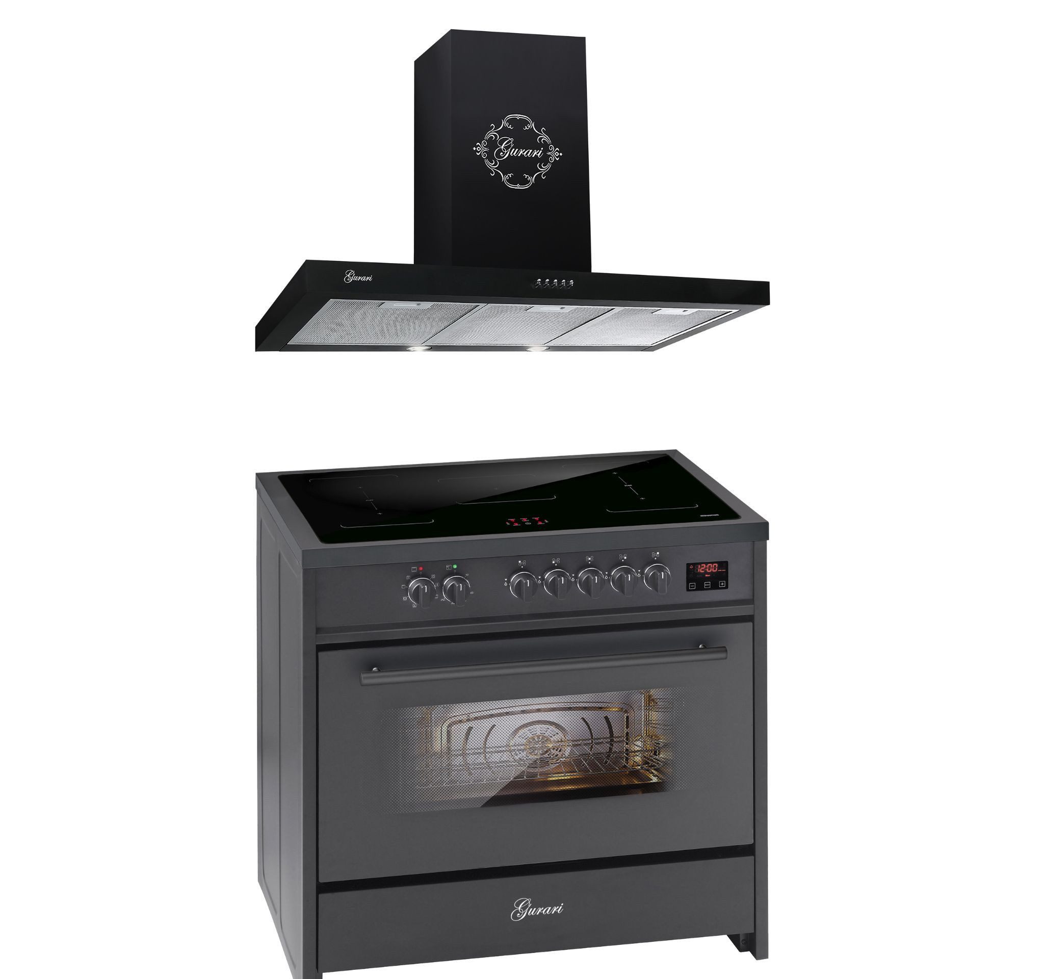 GURARI Induktions Herd-Set Induktions Standherd 90 cm in Schwarz mit Flex Zone Induktionskochfeld, Range Cooker 90 cm, 121L+Dunstabzugshaube 90 cm E 913 BL+GCH F 461 BL 9.., mit 1-fach-Teleskopauszug