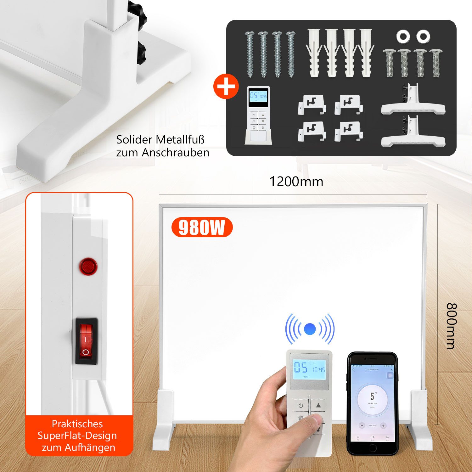 Clanmacy Infrarotheizung Wand-Elektroheizung Heizkörper 300/600/980/1200W, günstig online kaufen