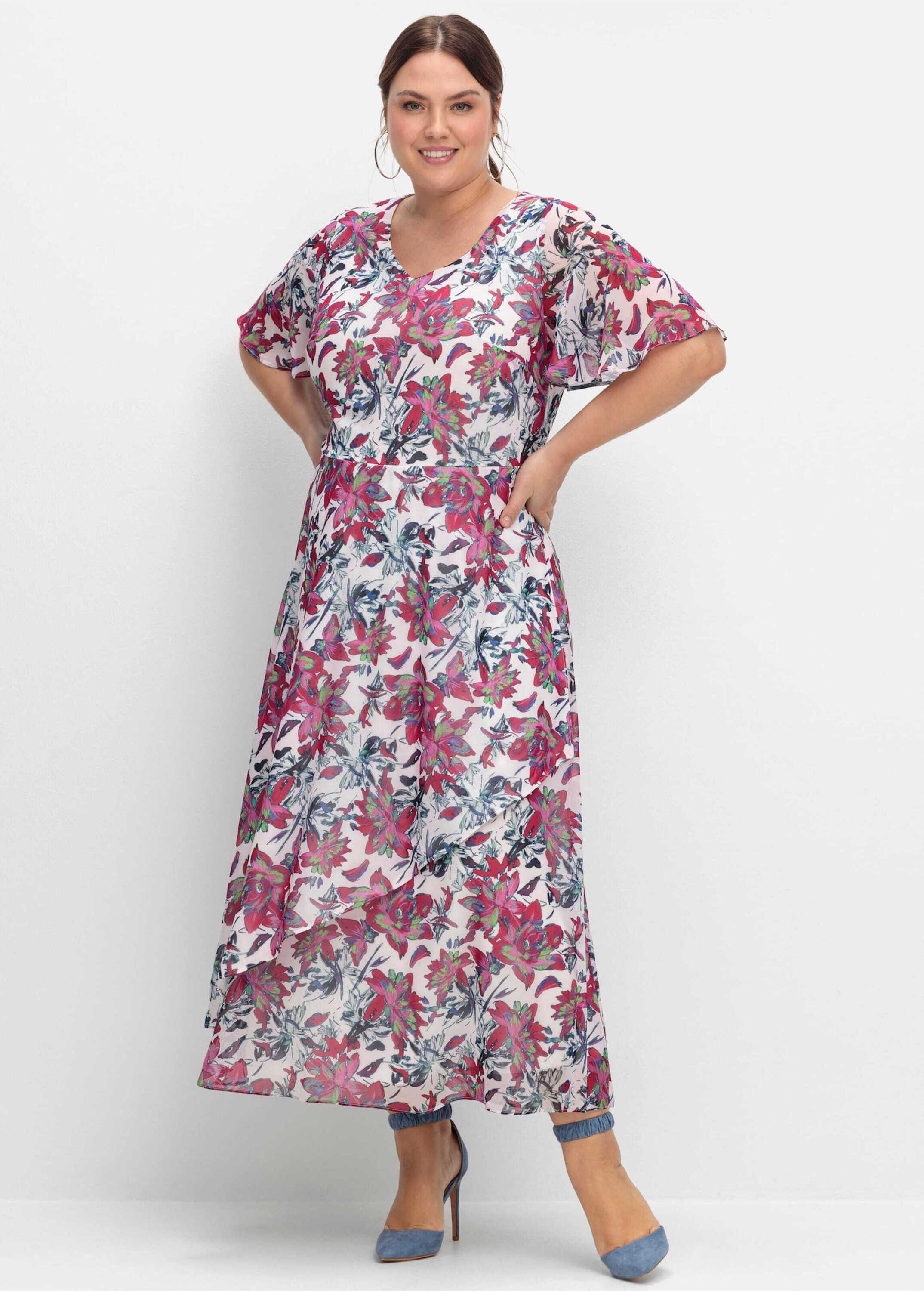Sheego Etuikleid Abendkleid Kurzarm mit Blumenprint, blickdicht gefüttert