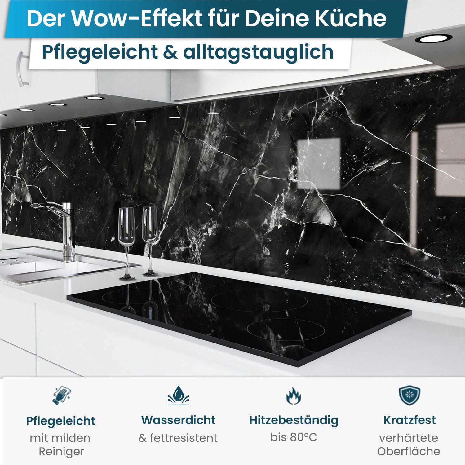 danario Küchenrückwand Folie selbstklebend, Glasoptik, Spritzschutz Küche, ablösbar - 0,8 mm