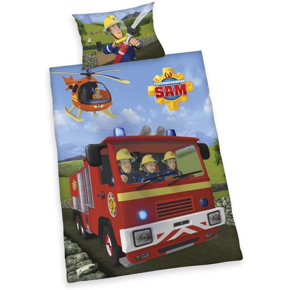 Kinderbettwäsche Feuerwehrmann Sam, Herding, Bettwäsche 100x135 Bettbezug  40x60 Kissenbezug Baumwolle Flanell mehrfarbig