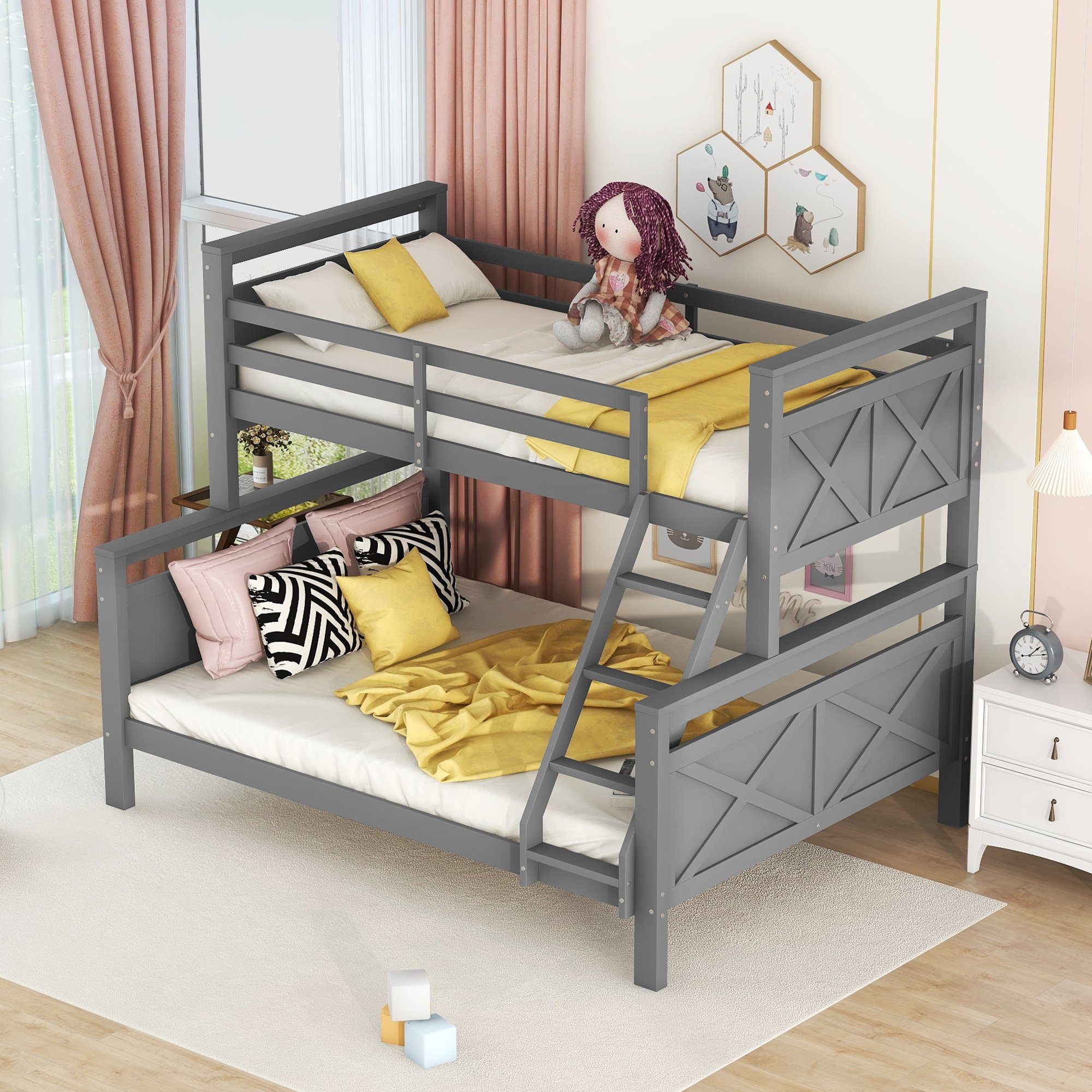 OKWISH Bett Etagenbett, Holzbett für Kinder 90(140)x200cm (mit Leiter und Sicherheitsgeländer, umbaubar in 2 getrennte Betten), Ohne Matratze Grau