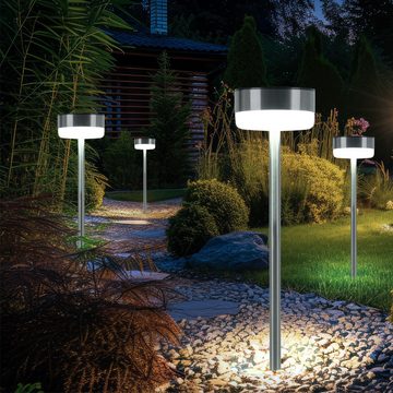 Expo Börse LED Solarleuchte, LED-Leuchtmittel fest verbaut, Warmweiß, LED Solarlampe Wegeleuchte Erspieß Edelstahl silber H 39 cm 6x