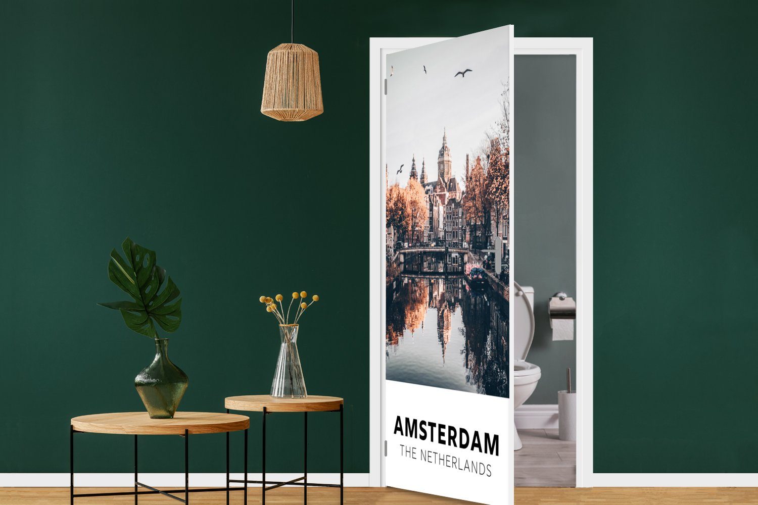 MuchoWow Türtapete Amsterdam - Niederlande bedruckt, 75x205 - Türaufkleber, Bäume, (1 cm Architektur Matt, für Tür, Fototapete - St)