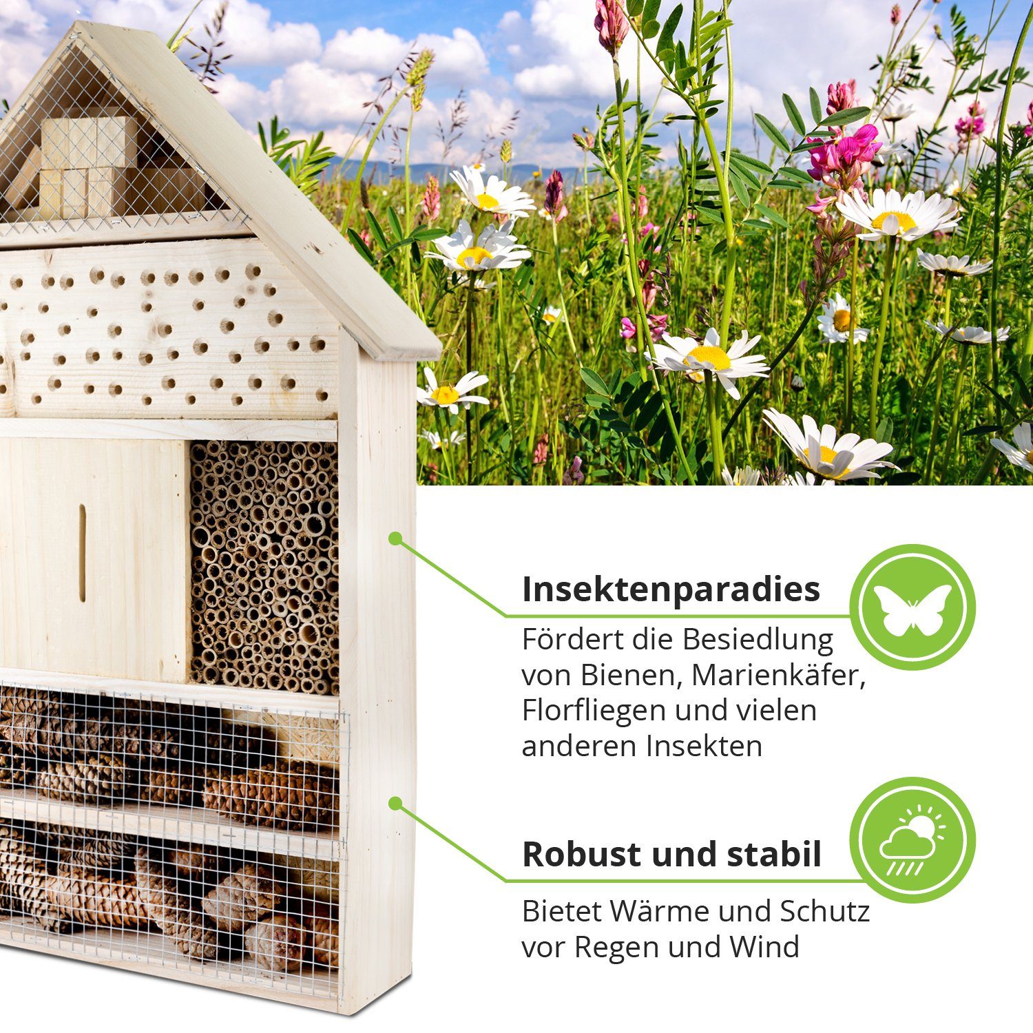 gartenetage Insektenhotel XXL Insektenhaus & Bienenhotel, Naturbelassenes, Insektenhotel zum Aufstellen mit Pfählen