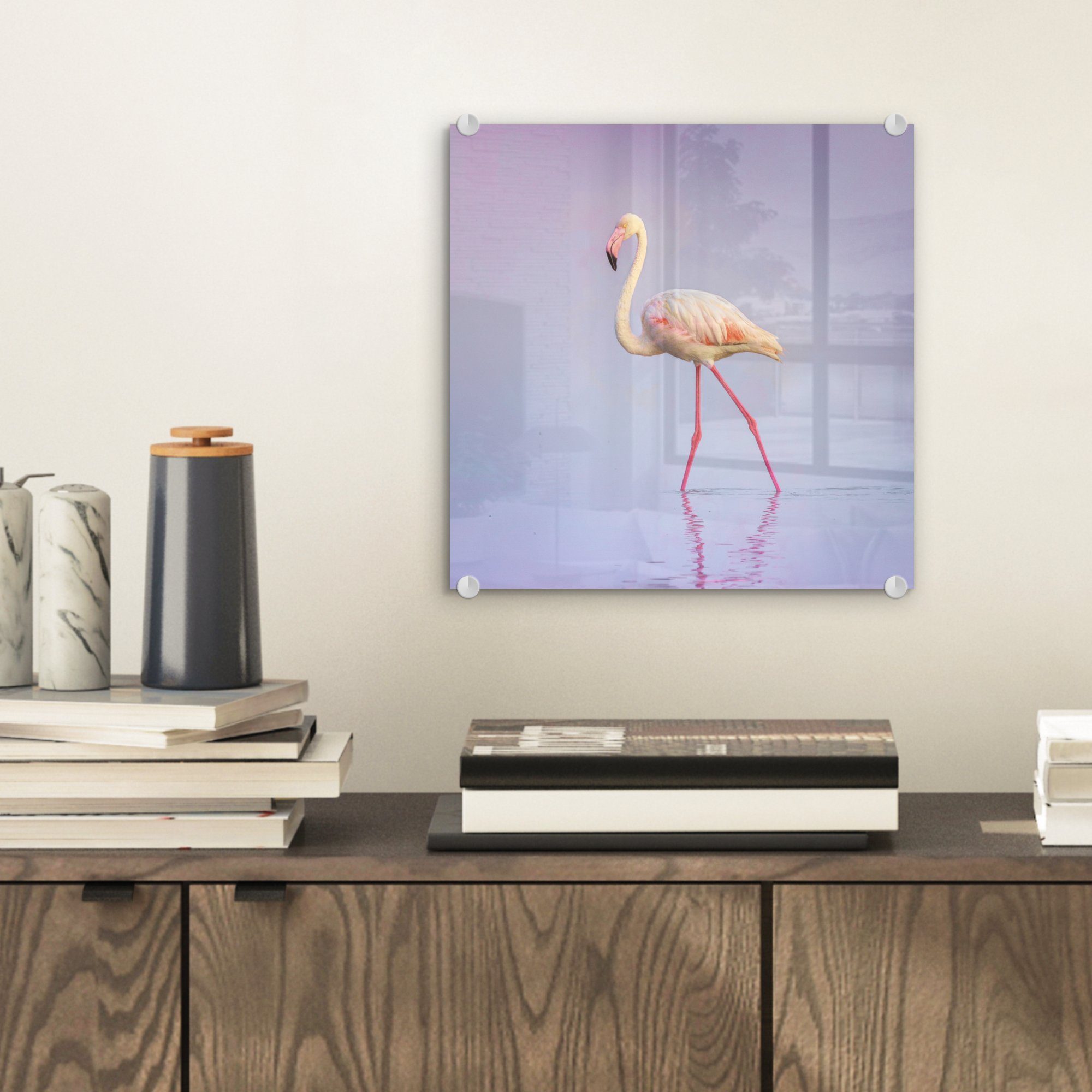 - Acrylglasbild - Flamingo - Wasser Glas Wanddekoration auf (1 - Glas auf Glasbilder Foto St), MuchoWow Rosa, Bilder - Wandbild